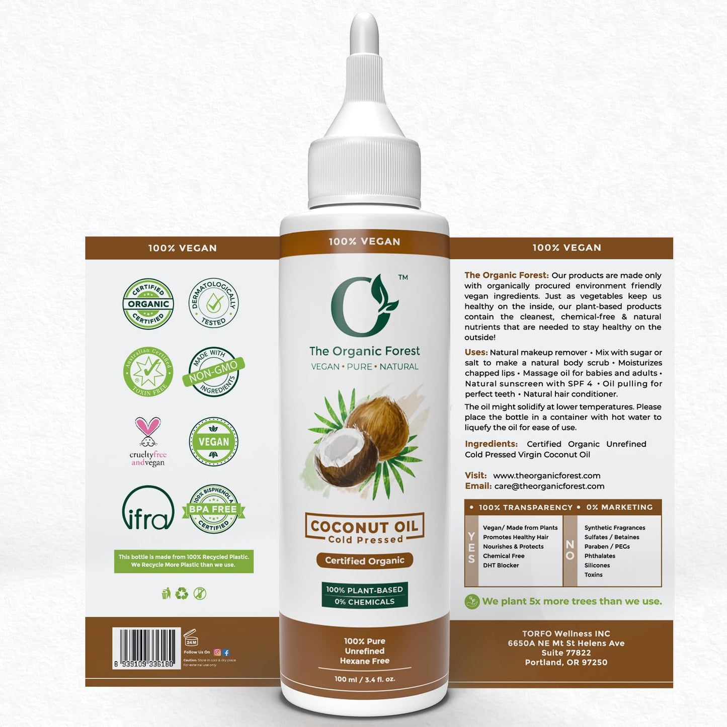 Plant Based Organic Coconut Oil for Skin & Hair | Pure Coconut Hair Oil for Damaged Hair, Deep Moisturization & Massage | Cold Pressed Body Oil after shower | Aceite de Coco Para el Cabello