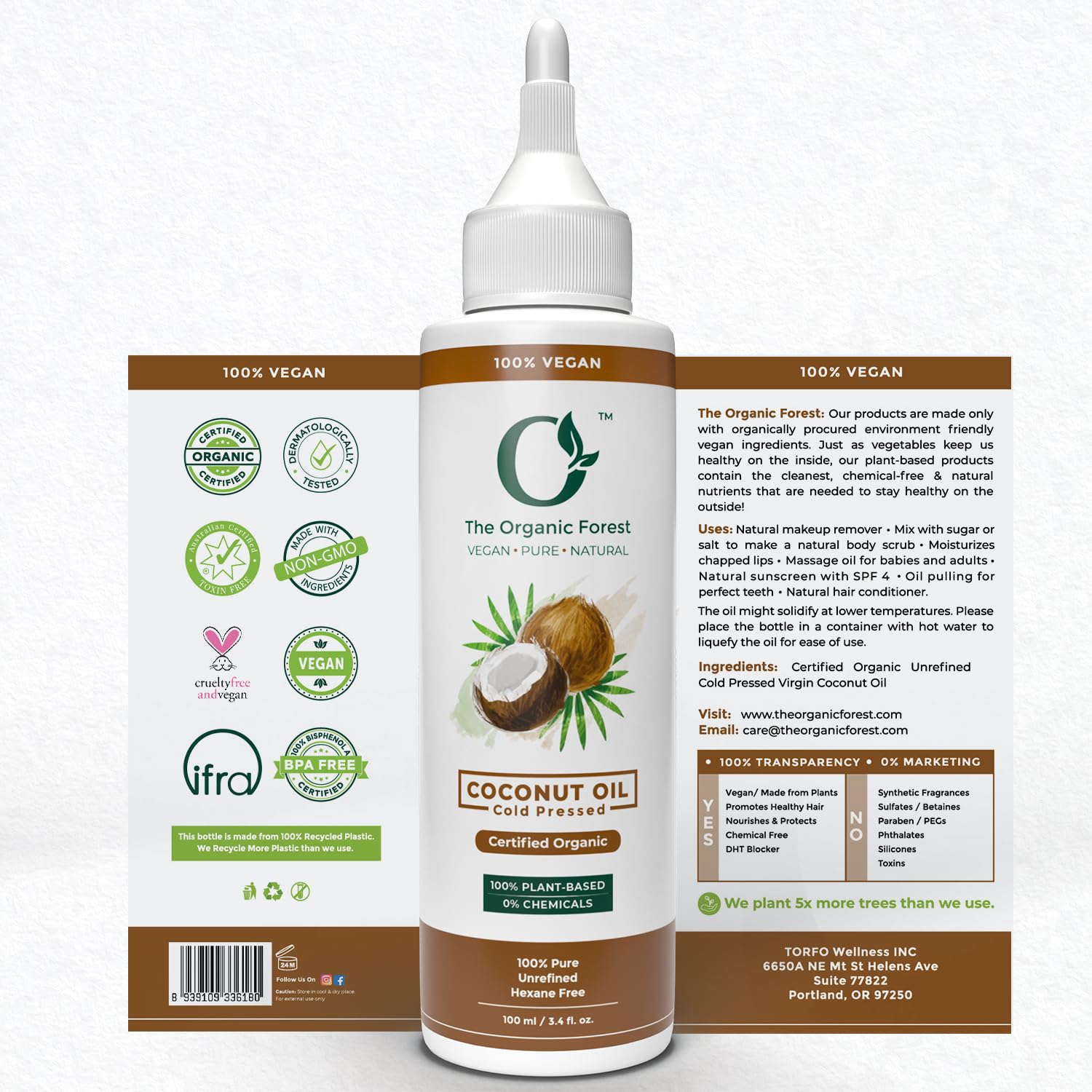 Plant Based Organic Coconut Oil for Skin & Hair | Pure Coconut Hair Oil for Damaged Hair, Deep Moisturization & Massage | Cold Pressed Body Oil after shower | Aceite de Coco Para el Cabello