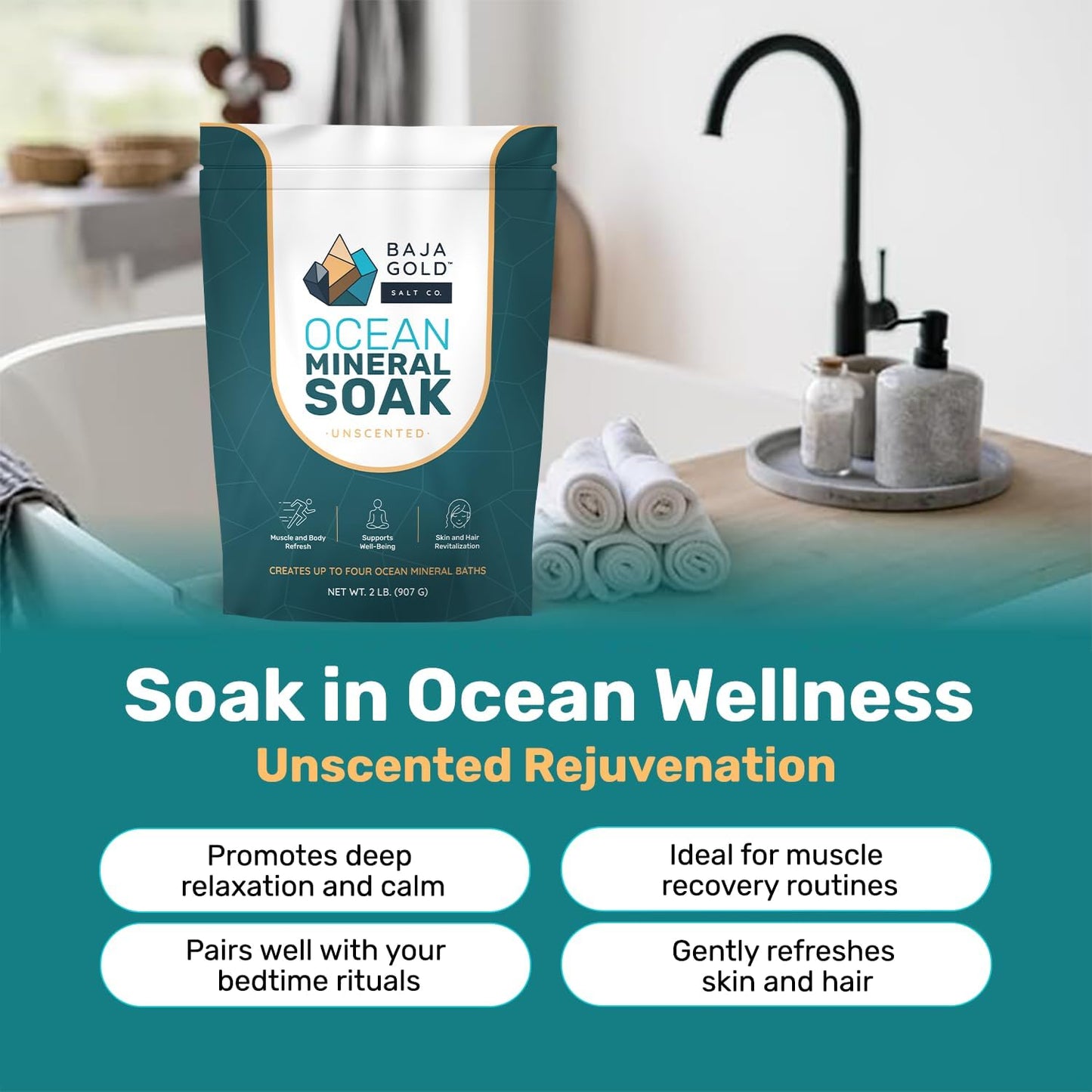 Baja Gold Ocean Mineral Soak Bundle – Unscented + Eucalyptus | Natural Magnesium Bath Soak with Trace Minerals | Relaxing, Clean Self-Care for Bath, Foot Soaks & Skin | 2 x 2 lb Resealable Bags