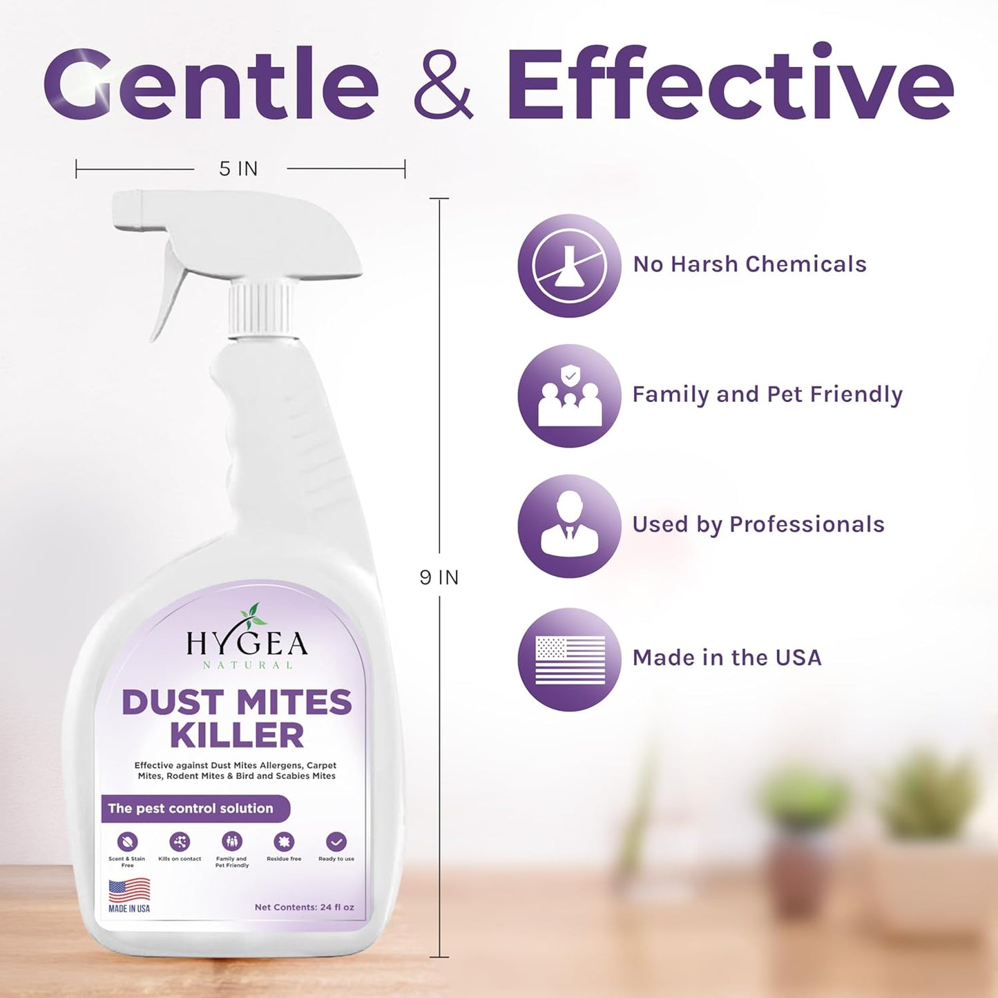 Hygea Natural Dust Mite Killer Spray - Eliminates Dust, Carpet, Rodent, Bird, Mites - Safe for Home, Children, Pets, Bedding & Furniture, 24 oz, Unscented