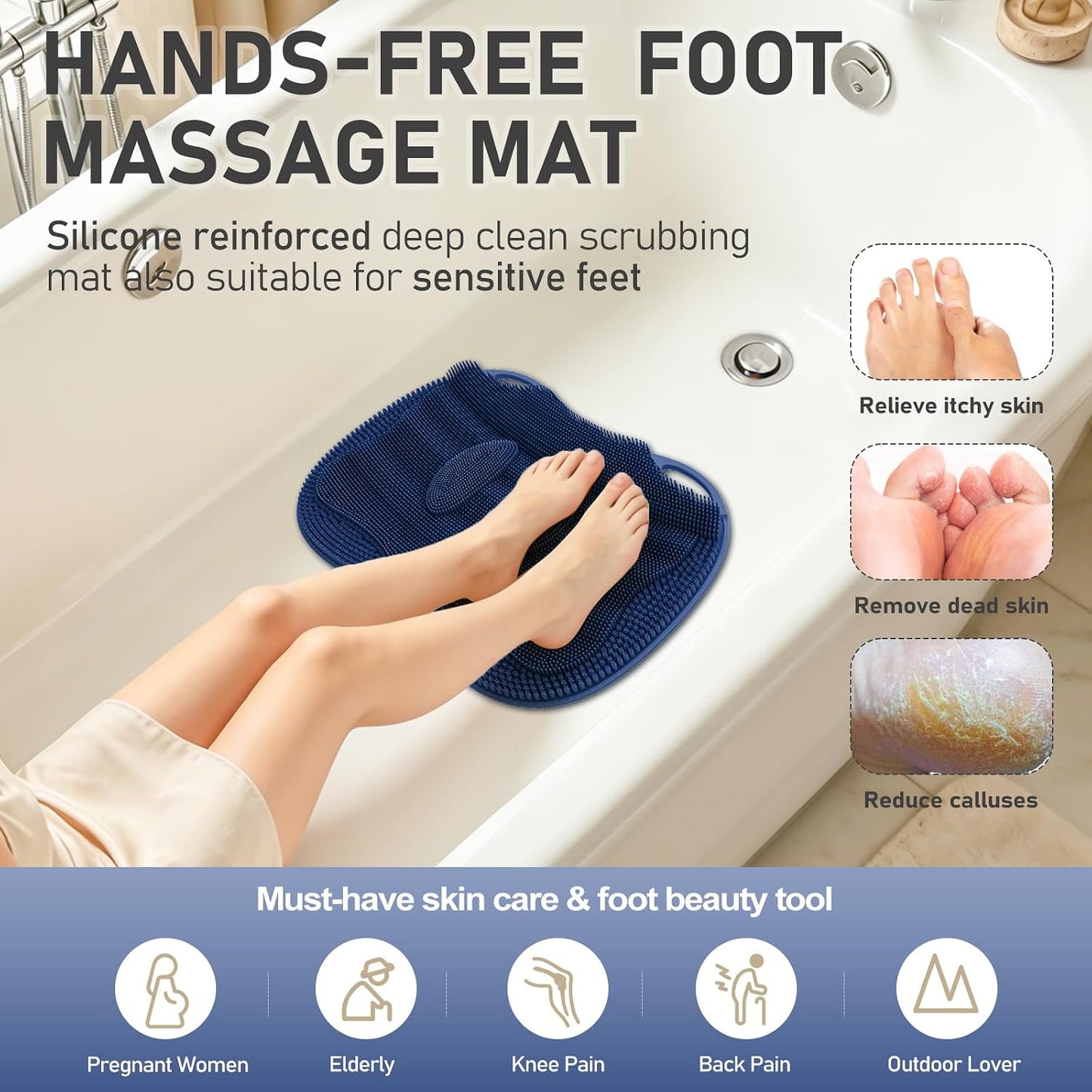 Shower Foot Scrubber Mat Large 2.0- Silicone Feet Toes Massage Exfoliate Cleaner Pad Long Brush Without Bending Non-Slip Suction Cups in Shower Floor Bathtub Foot Relax Spa 17.4 * 13" Navy Blue