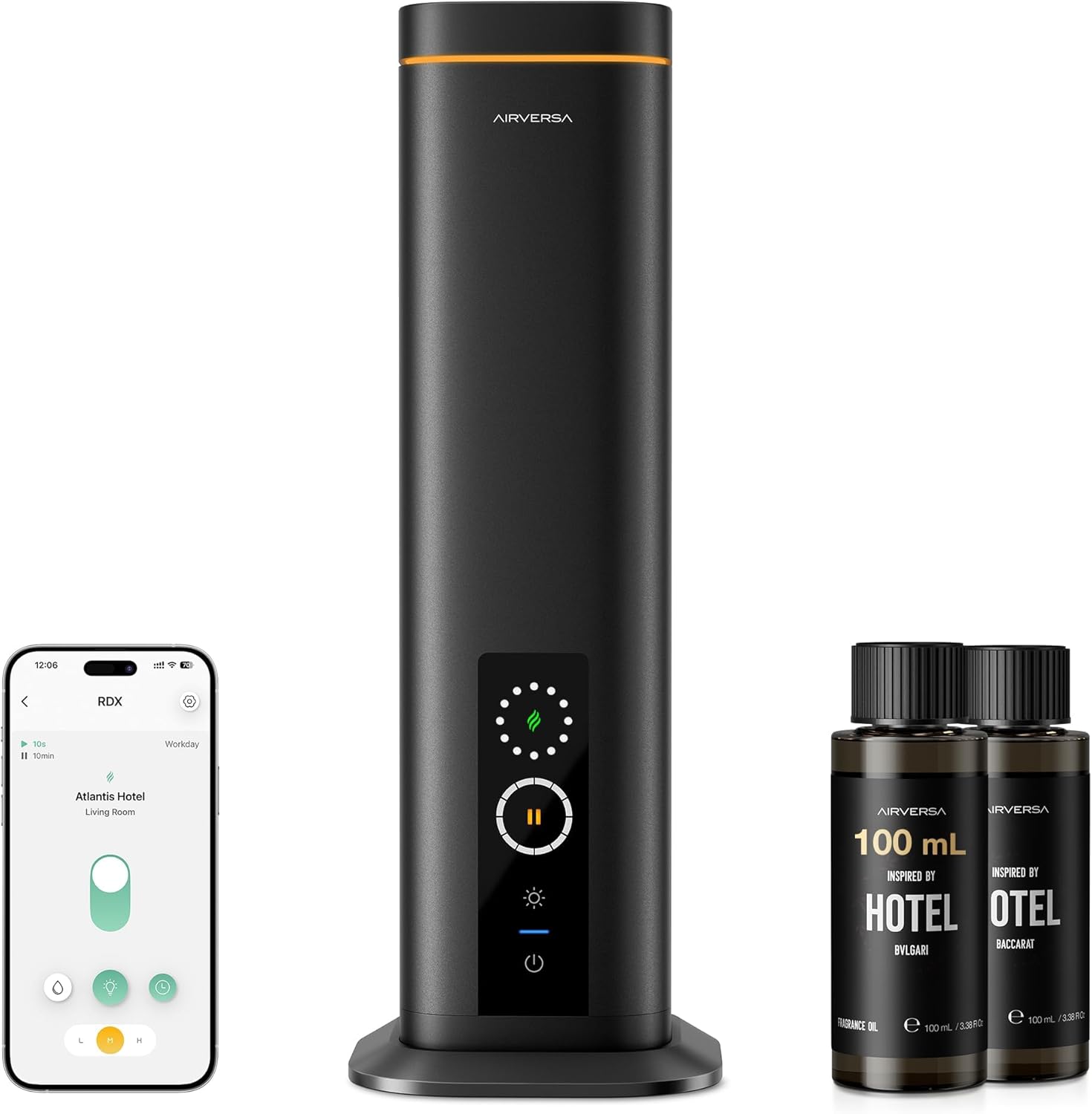 Airversa Waterless Diffuser, Smart Tower Diffuser with App Control, Cold Air Scent Diffuser Oil Machine for Homes Offices Hotels, 300mL Capacity, Up to 1500 sq ft, DC-12V/1A Plug, RDX Black Kit