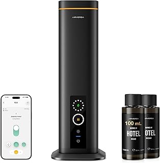 Airversa Waterless Diffuser, Smart Tower Diffuser with App Control, Cold Air Scent Diffuser Oil Machine for Homes Offices Hotels, 300mL Capacity, Up to 1500 sq ft, DC-12V/1A Plug, RDX Black Kit