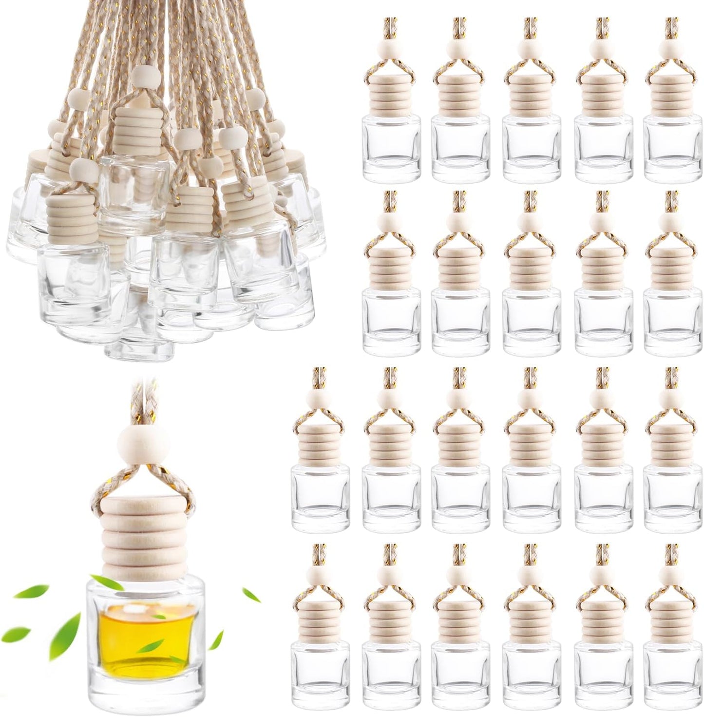 50 Pcs Car Essential Oil Hanging Bottle Empty Car Air Freshener Diffuser Bottle Perfume Glass Bottle Pendant Aromatherapy Fragrance Bottle Auto Car Interior Ornaments Decor (Round shape)