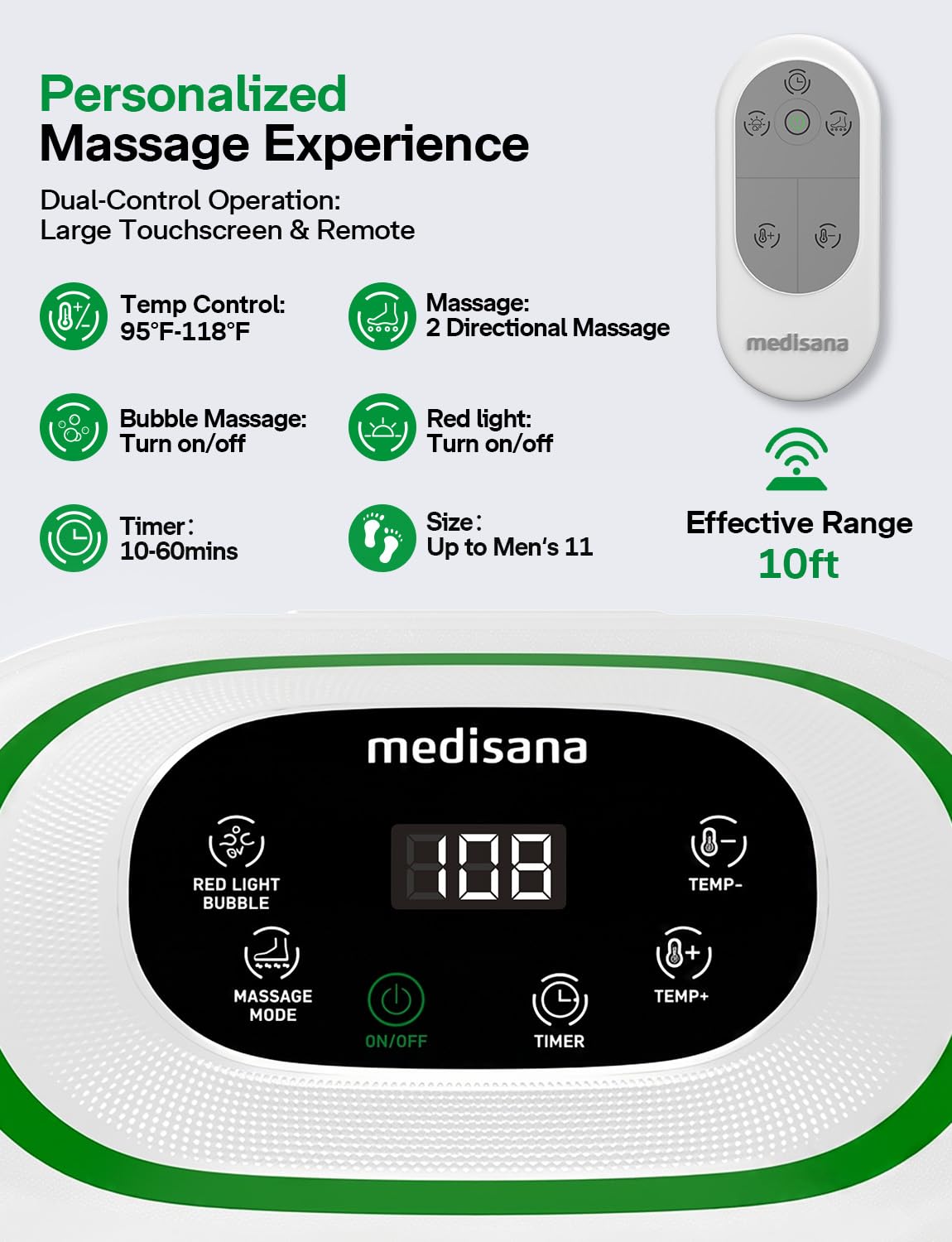 Medisana Collapsible Foot Spa Bath with Motorized Roller & Temp Control, Foot Soaking Tub for Plantar Fasciitis & Muscle Soreness, with Bubble, Red Light Therapy & Remote