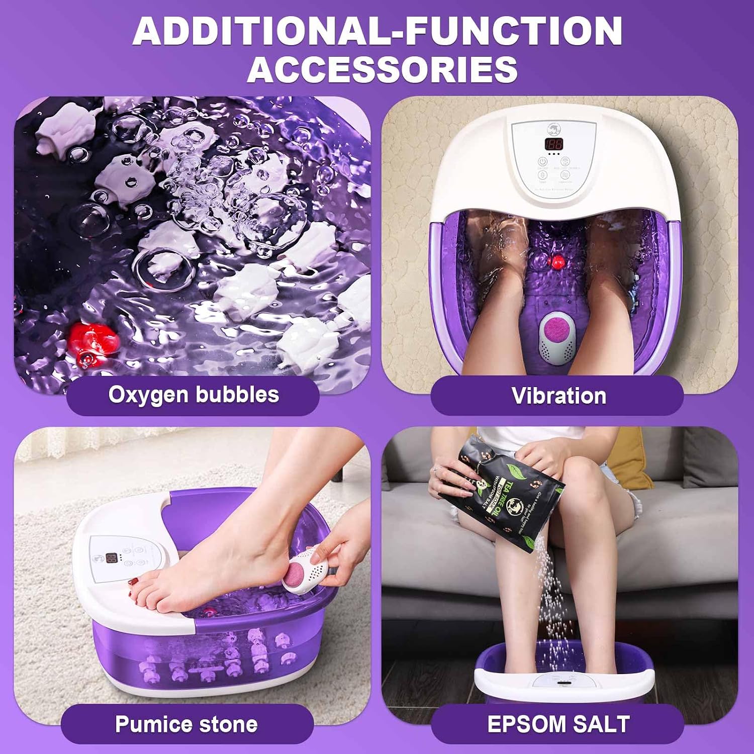 ECARBME Foot Spa Bath Massager with Heat, Foot Soaking Tub with 22 Massage Rollers, Temperature Control, Jets, Bubbles, Epsom Salt and Vibration, Foot Bath soak tub for Relaxation- Purple