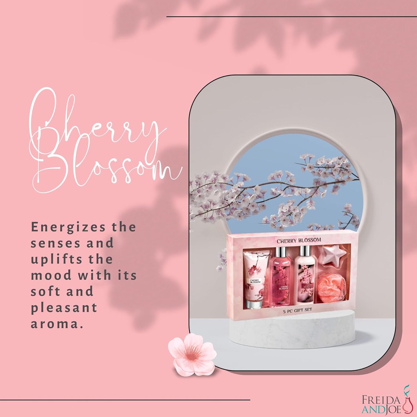 Fragrance Bath & Body Collection Gift Box, Includes Shower Gel, Body Lotion, Body Scrub, Bath Bomb & Sponge (Cherry Blossom) – Mother's Day Gift for Mom