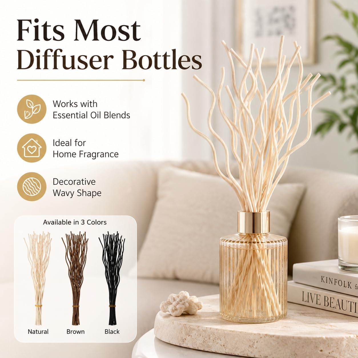 10Pcs Wavy Rattan Reed Diffuser Sticks, Natural Rattan Fragrance Aromatherapy Volatile Replacement Refill Essential Sticks (Black)