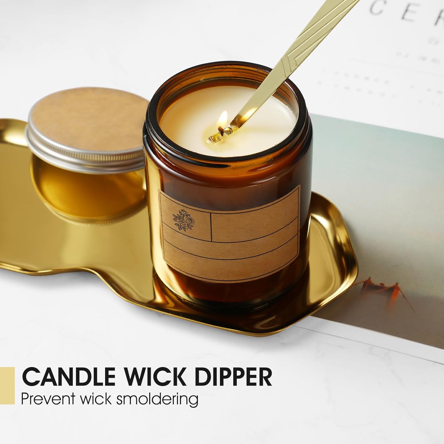 PATOISE 4 in 1 Candle Accessory Set, Wick Trimmer, Candle Snuffer, Wick Scoop,Storage Tray,Perfect for Candle Lovers(Gold)