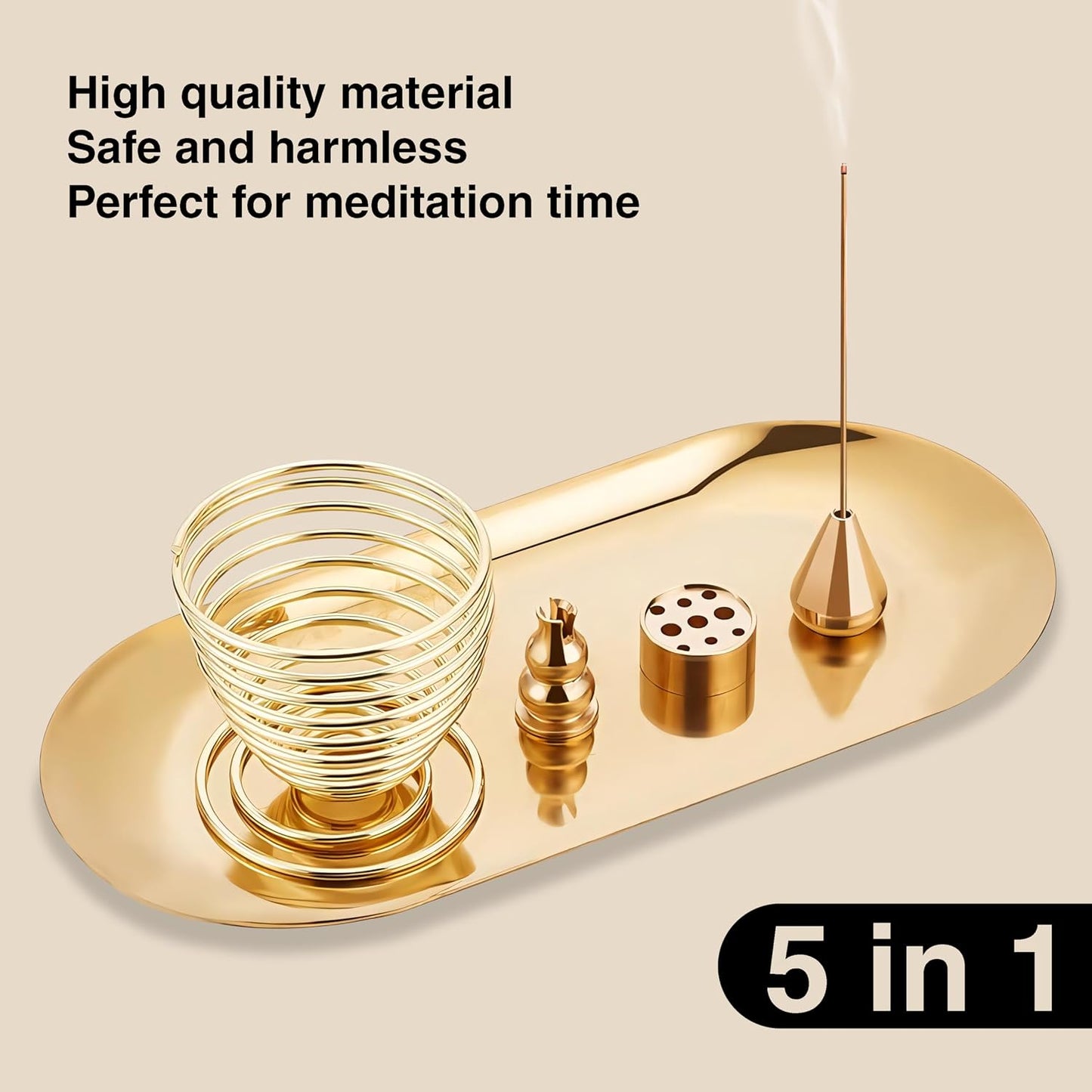 Palo Santo Holder and Sage Burner for Smudging, 5-in-1 Brass Incense Holder for Sticks Cones Coils, 6.9" Extended Ash Catcher Tray for Meditation Yoga, Gift for Spiritual Room Decor