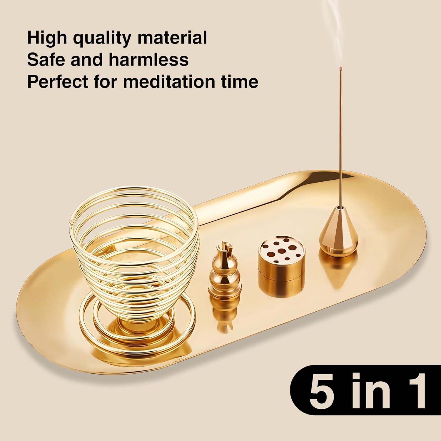 Palo Santo Holder and Sage Burner for Smudging, 5-in-1 Brass Incense Holder for Sticks Cones Coils, 6.9" Extended Ash Catcher Tray for Meditation Yoga, Gift for Spiritual Room Decor