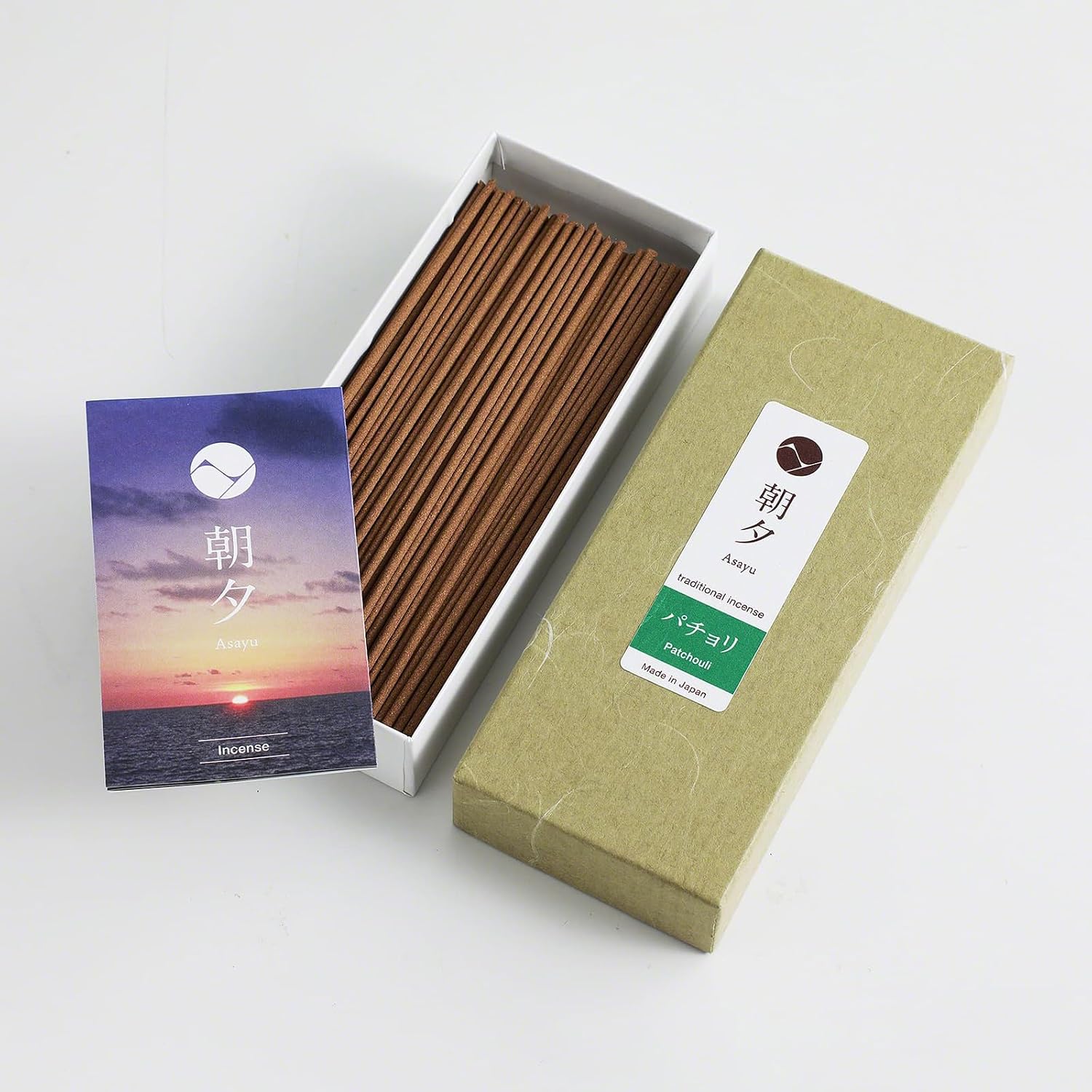 Asayu Japan Traditional Smoke Gift Set with Incense Holder and Brass Stand, Patchouli Incense Sticks with Mini Aquamarine