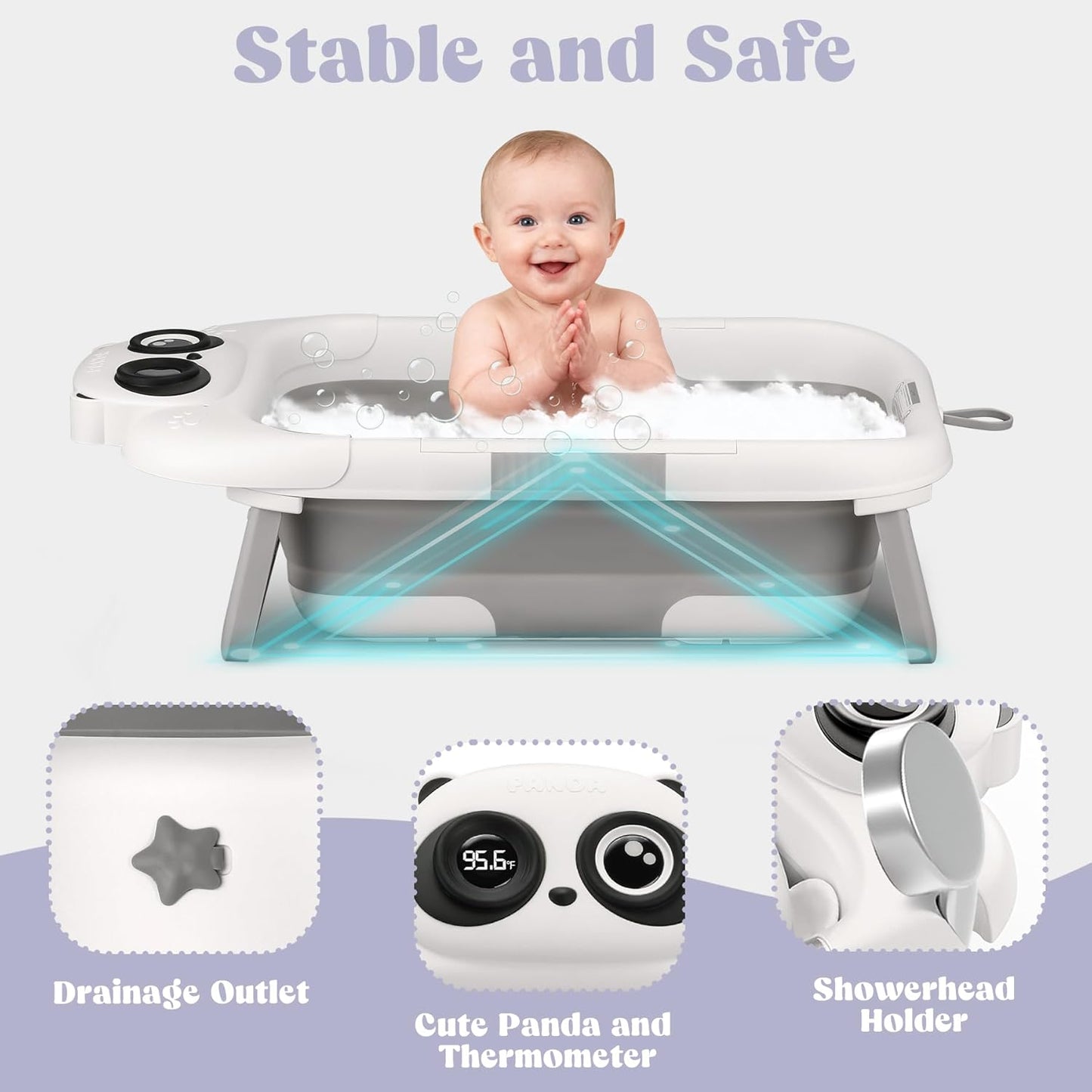 Foldable Baby Bathtub - 0-24M, Thermometer, Soft Cushion (Grey) | Folds Flat, Portable, Non-Slip Legs, For Newborn to Toddler, Space-Saving Design
