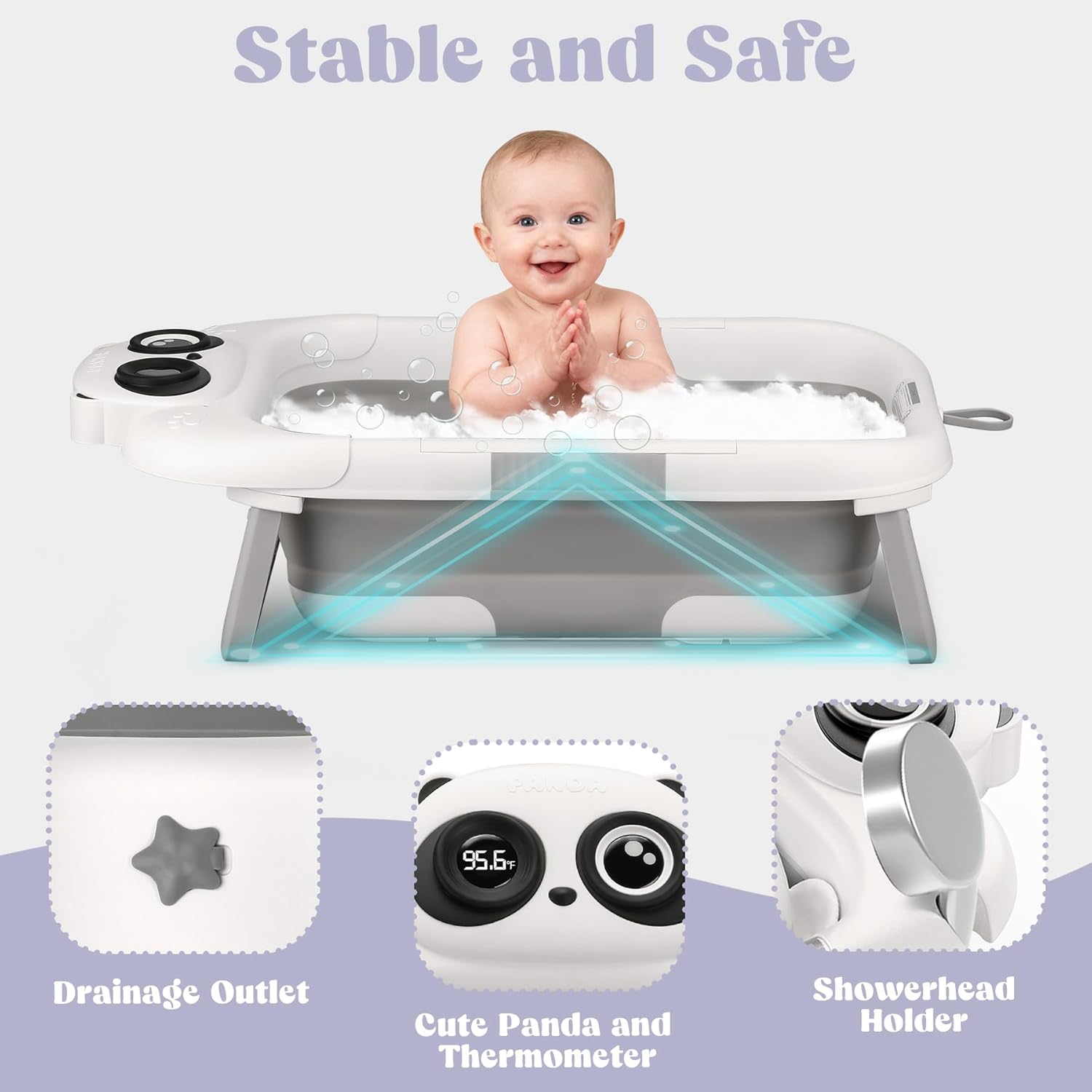 Foldable Baby Bathtub - 0-24M, Thermometer, Soft Cushion (Grey) | Folds Flat, Portable, Non-Slip Legs, For Newborn to Toddler, Space-Saving Design