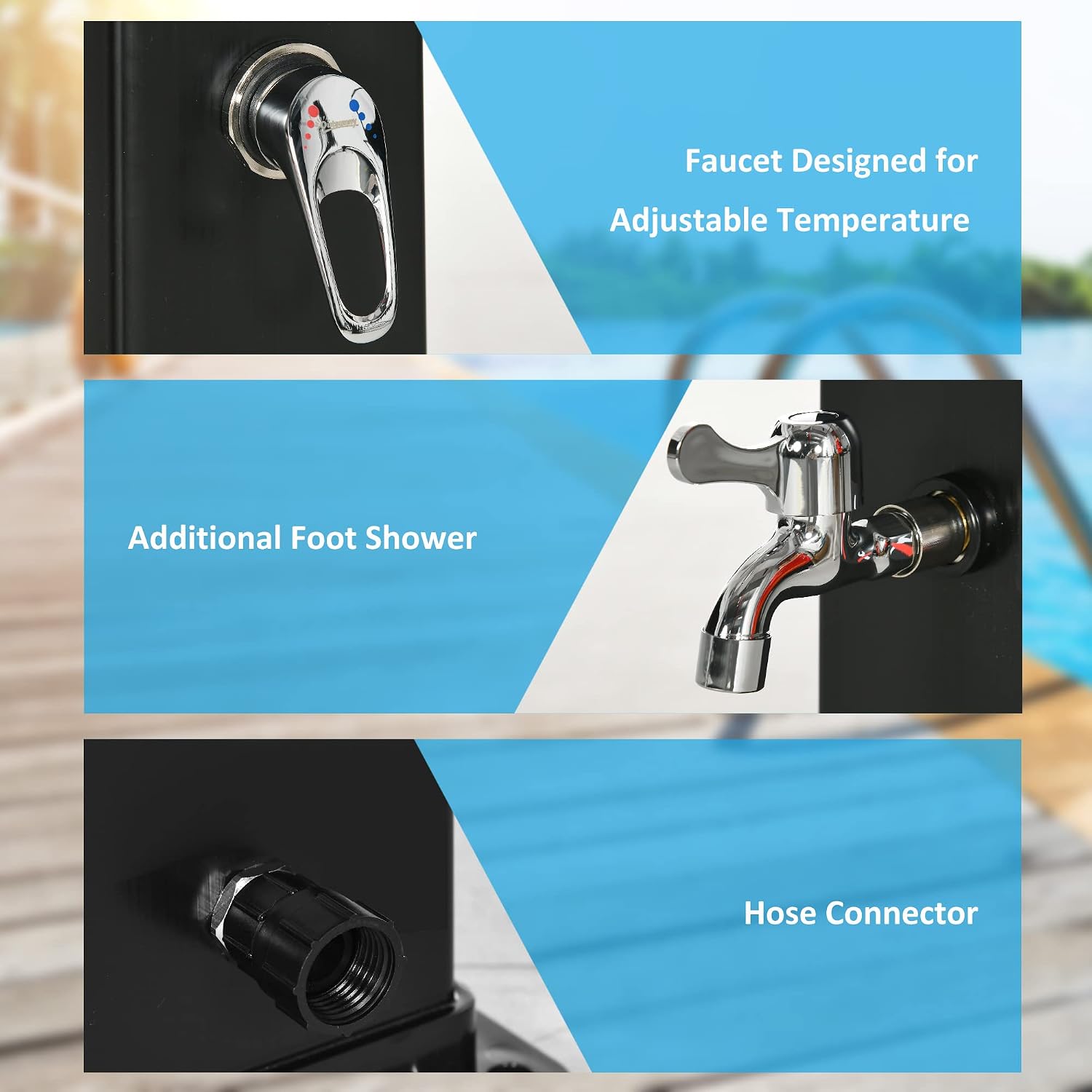 Outsunny 10.6 Gallons Solar Heated Shower with Free-Rotating Shower Head, Temperature Adjustment & Foot Shower, 2-Section Outdoor Shower for Backyard Poolside Beach Pool Spa, 7ft