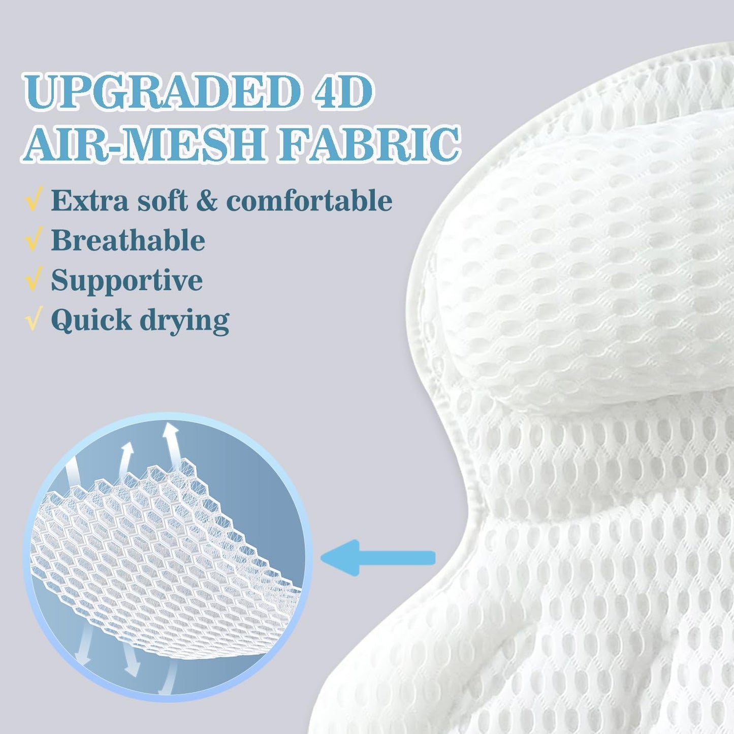 Bath Pillow Luxury Bathtub Pillow - Bath Pillows for Tub Neck and Back Support, Ergonomic Tub Pillow for Bath with 4D Air Mesh + 6 Strong Suction Cups, Great Spa Gifts Bathtub Accessories