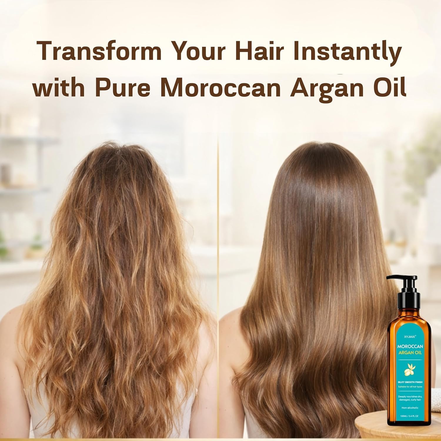 Moroccan Argan Oil – Nourishing & Smoothing Hair Oil for Long, Dry, Frizzy,Curly& Damaged Hair – Moroccan Hair Oil Treatment for Frizz Control & Heat Protection -3.4 oz