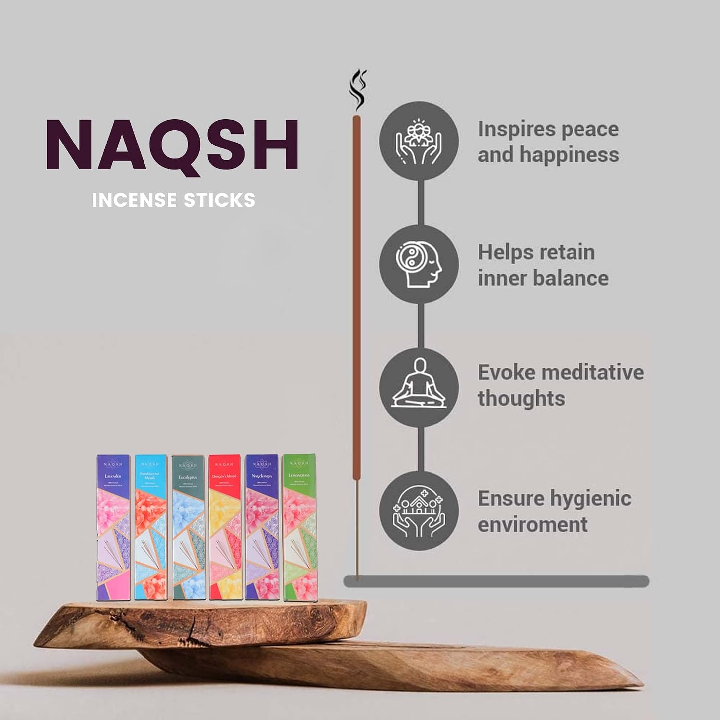 Naqsh Premium Hand Rolled Incense- Assorted 6x20 Mesmerizing Incense Sticks Including Lavender, Dragon's Blood, Frankincense Myrrh, Lemongrass, Eucalyptus, and Nagchampa