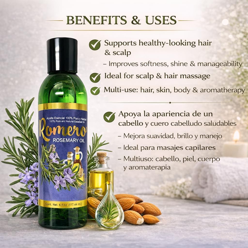 Rosemary(Romero)Essential w/Almond Oil – 6 fl oz –100% Pure & Natural,Cosmetic Hair & Body,Supports Healthy-Looking Hair,Shine & Manageability – For Hair, Skin, Massage & Aromatherapy – By BexpertsUSA