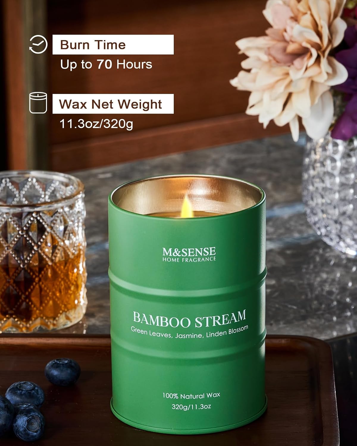 M&SENSE Bamboo Scented Candles Natural Non Toxic, Aromatherapy Candle for Stress Relief Meditation Relaxing, Housewarming Gifts for Women Men, 11.3oz 70 Hour Long Burning