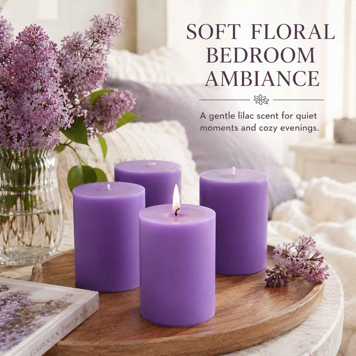 Lilac Scented Pillar Candles, Natural Soy Wax, Non-Toxic, 2.8x4Inch, 4 Pack