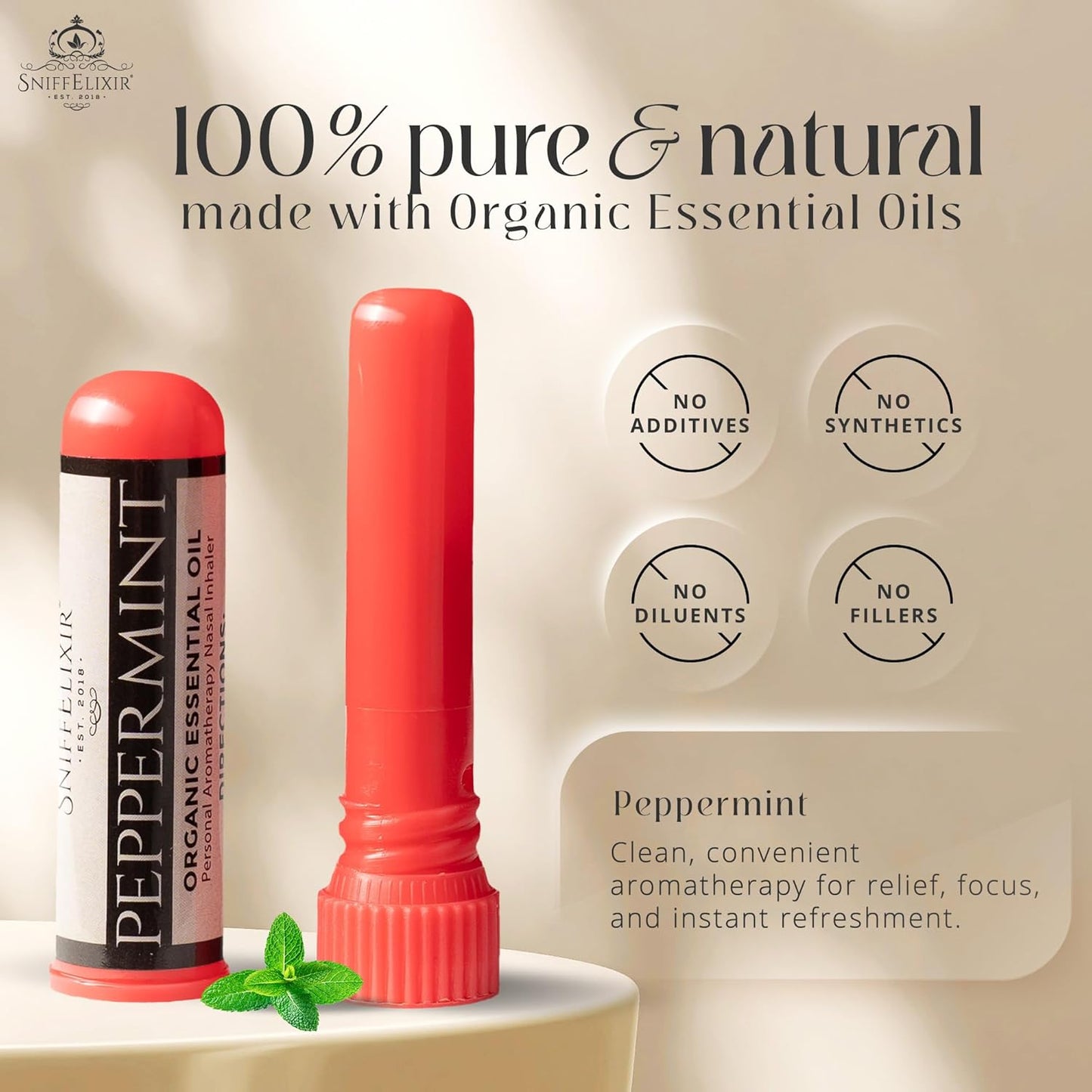 Peppermint Oil Aromatherapy Nasal Stick Vapor Inhaler for Migraine Relief - Nausea & Motion Sickness, USA Made with Organic Essential Oils, Tension Headache