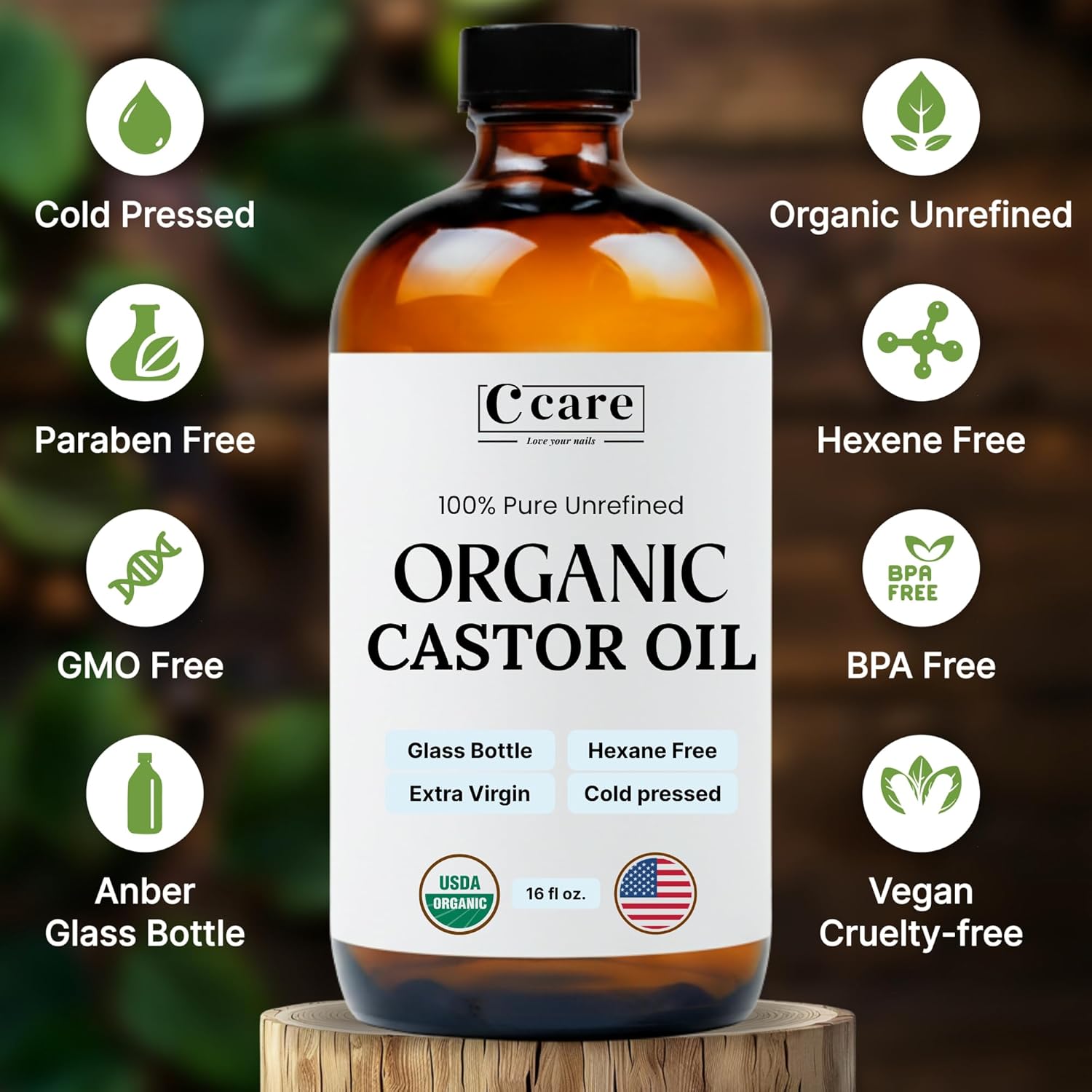 Castor Oil 100% Pure Organic Cold Pressed Unrefined Glass Bottle | USDA Certified Organic | Hexane Free Extra Virgin | for Hair Growth Eyebrows Eyelashes Skin and Castor Oil Pack Wrap | 16oz