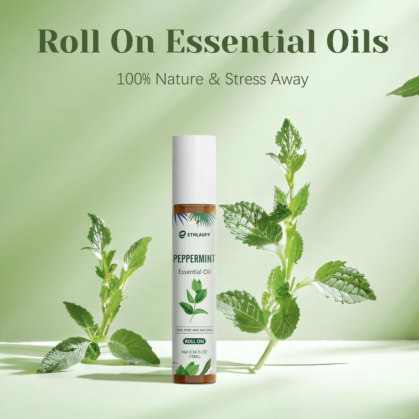 Peppermint Essential Oil Roll On, Natural Aromatherapy Oil Blend Roller with Fresh Minty Aroma - Headache, Stress Relief, Self Care Gifts for Women
