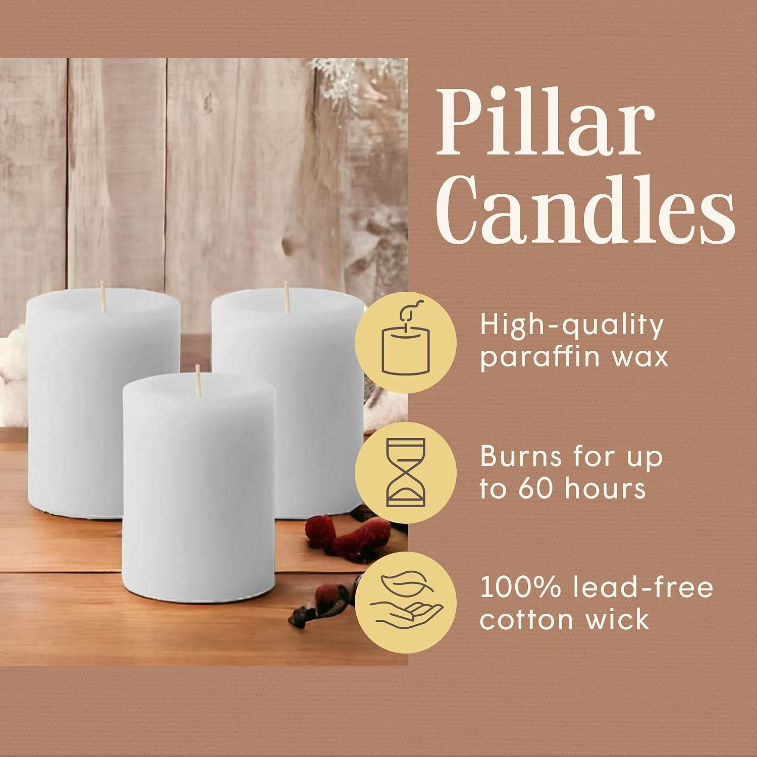 Mister Candle - Citronella Candles, Ideal for Outdoor & Indoor Use, 3"x4" White Pillar Candles Set of 3, Hand Poured, Premium Wax & Dripless, 60 Hour Burn Time