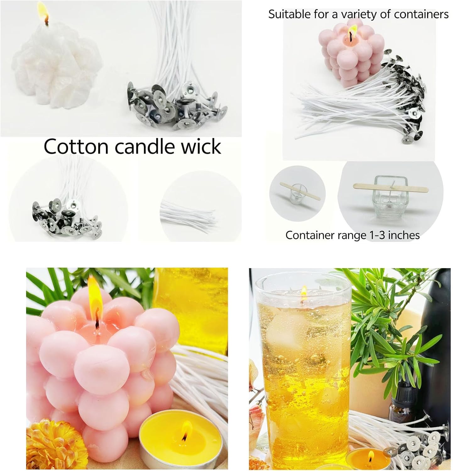 30Pcs Candle Wicks 4 Inch,40Pcs Candle Wicks 6Inch,30Pcs Candle Wicks 8 Inch,100pcs Candle Wick Stickers,Candle Wick Centering Device,20 Pcs Metal Sustainer Tabs,5pcs Candle Wick