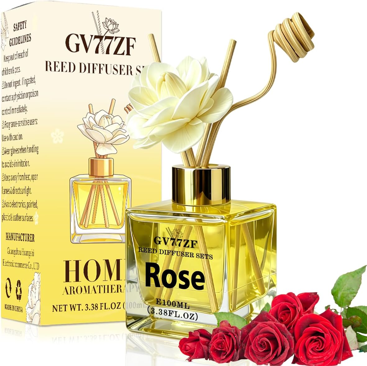 Rose Reed Diffuser – 3.38 oz Glass Bottle with Rattan Sticks & Dried Flowers, Romantic Floral Scent for Home, Adjustable Intensity Aroma Gift for Women, Housewarming, Mom