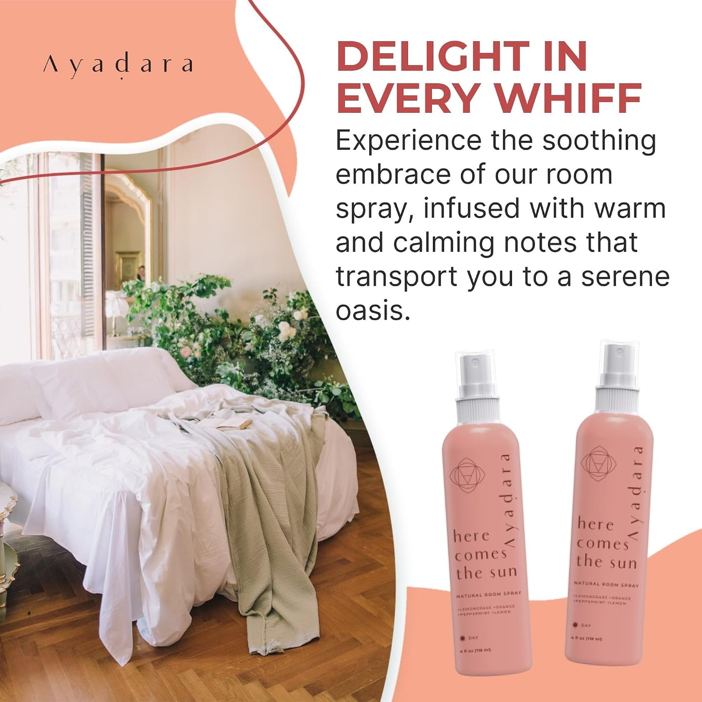 Ayadara Natural Room Spray, 4 oz, Aromatherapy for Room, Fragrance Spray and Home/Linen Deodorizer Mist, All Natural Spray Air Freshener with Lemongrass and Peppermint Oil, 1000 Sprays