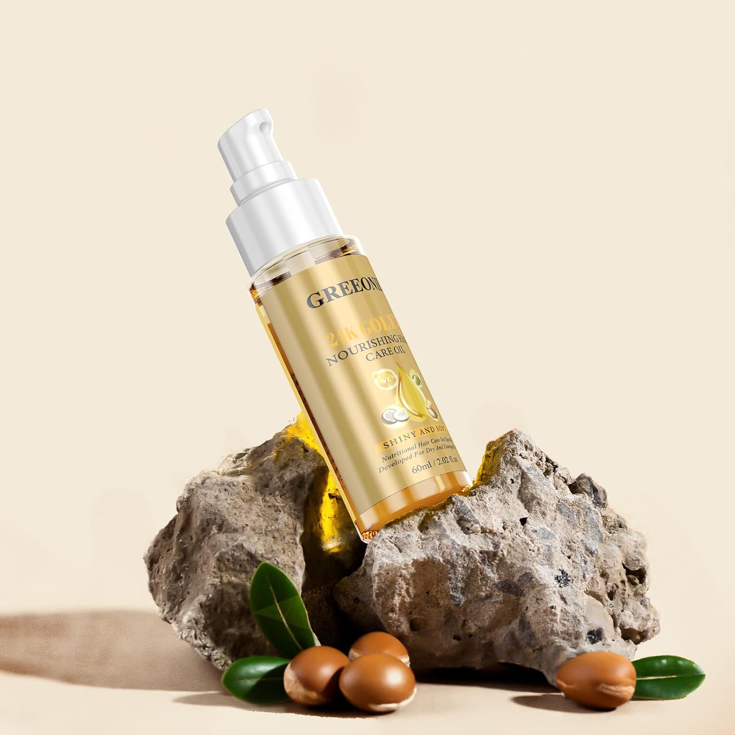 GREEONIL 24K Gold Argan, Coconut, and Olive Oil Serum for Frizz Control, Shine, and Split End Repair - Nourishing Hair Treatment with Vitamin E, 2.02 fl oz, 60ml