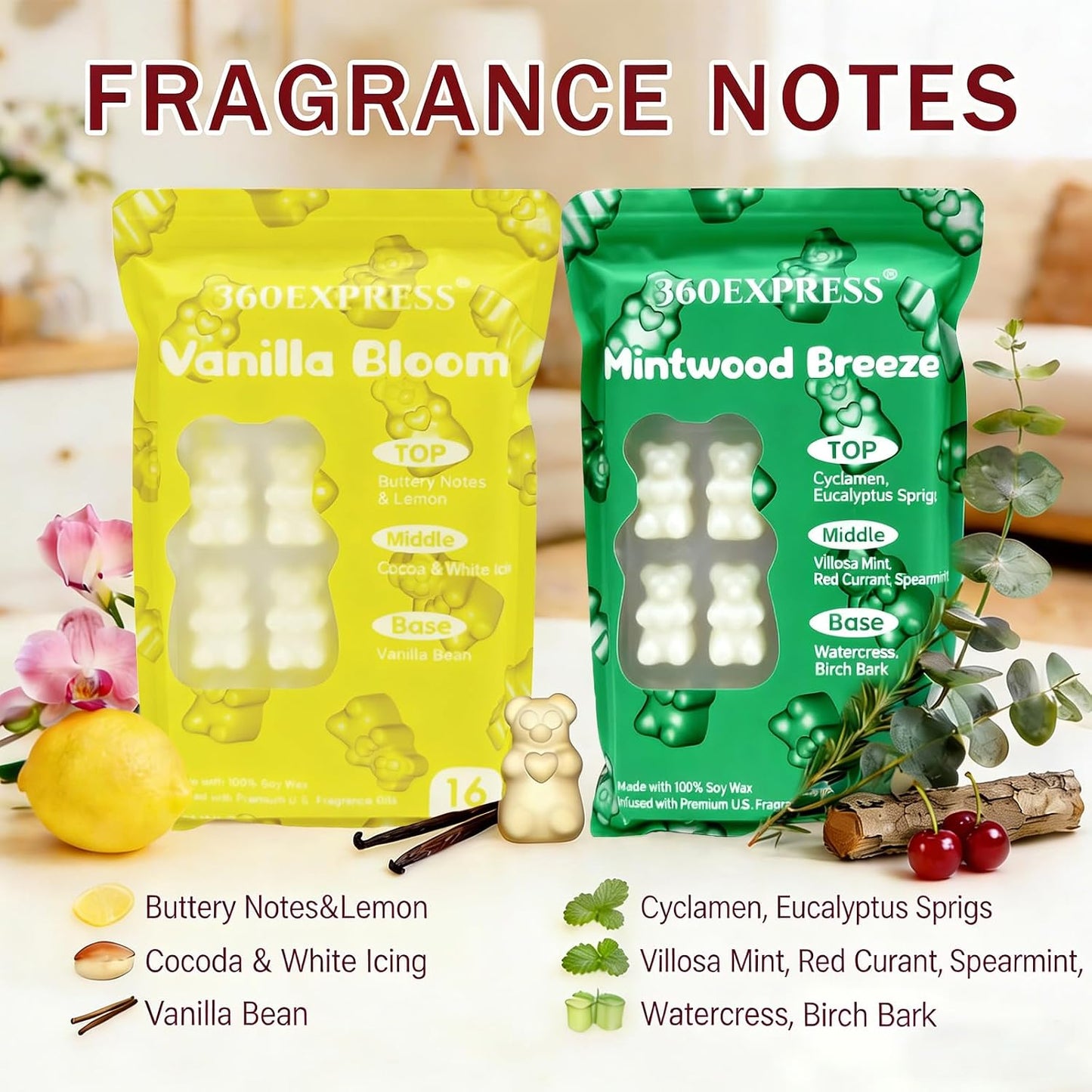 Wax Melts - 32 Scented Soy Wax Tarts with US Essential Oils - Includes Vanilla Bloom, Mintwood Breeze- 2 Pack