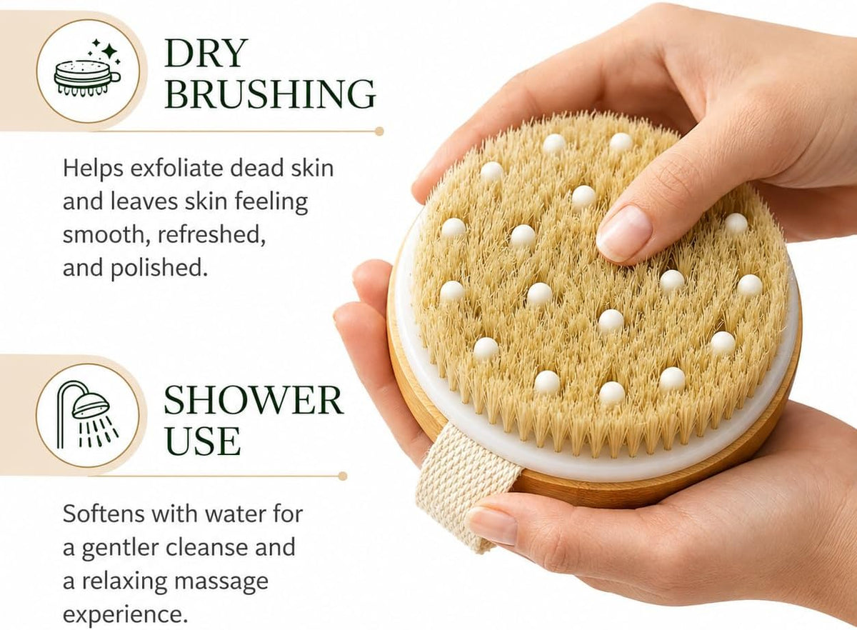 Dry Body Brush for Women &amp; Men, Dry Brush for Lymphatic Drainage, Exfoliating Body Brush with Natural Boar Bristles, Massage Nodes &amp; Bamboo Base for Dry Skin