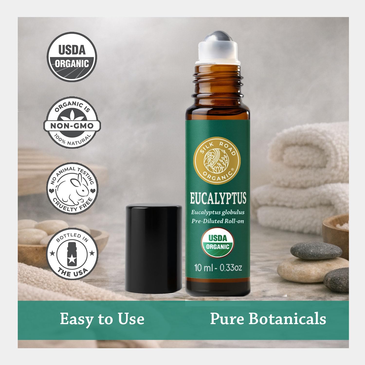 Silk Road Organic Eucalyptus Essential Oil Roll On, USDA Certified - Respiratory Health, Colds, Cough, Sinus & Allergy Congestion - 10 ml Aromatherapy Roller - Always Pure, Always Organic
