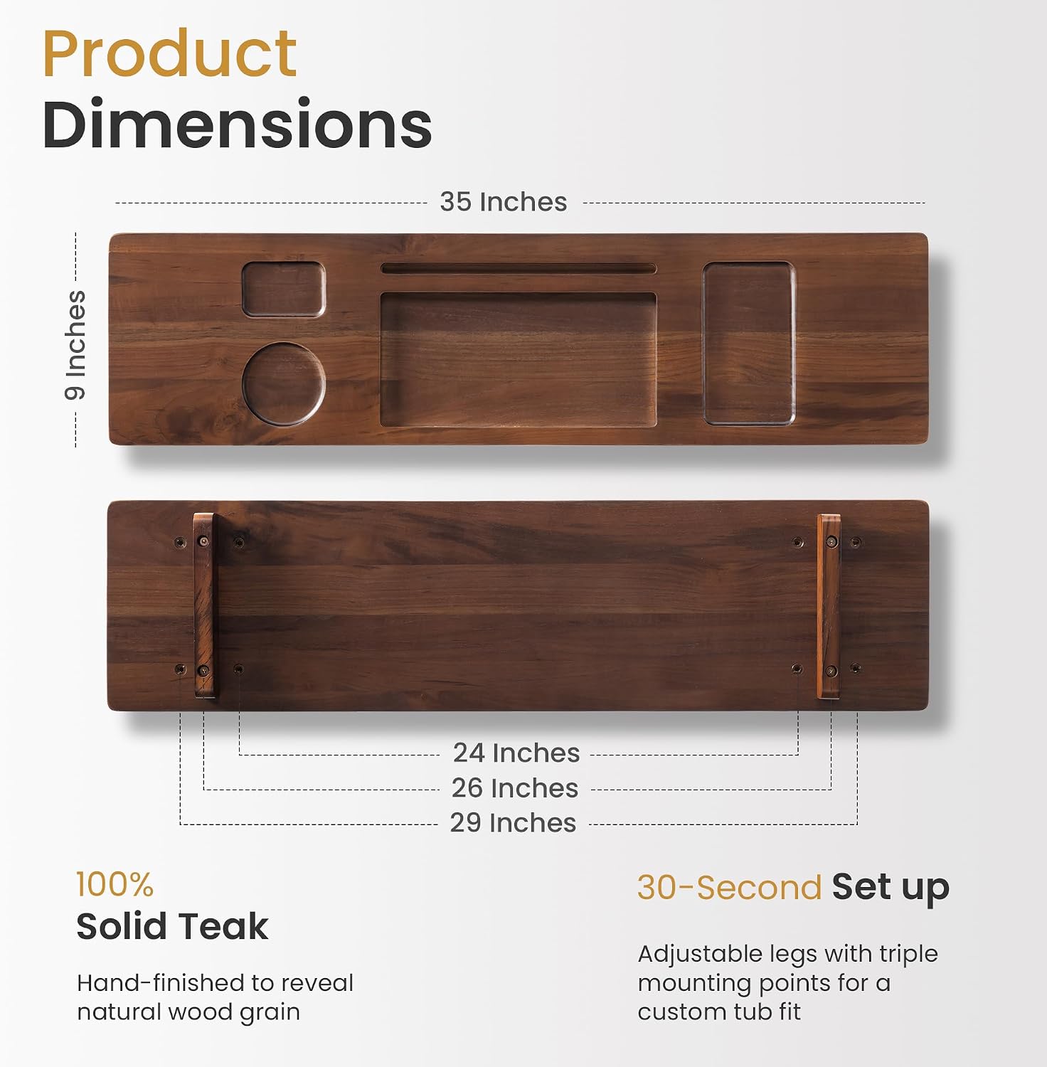 Teak Bathtub Tray for Freestanding Tubs - 35" Heavy-Duty Luxury Bath Caddy, Non-Slip Zero-Wobble Design, Water-Resistant Spa Organizer with Wine Glass & Phone Holder