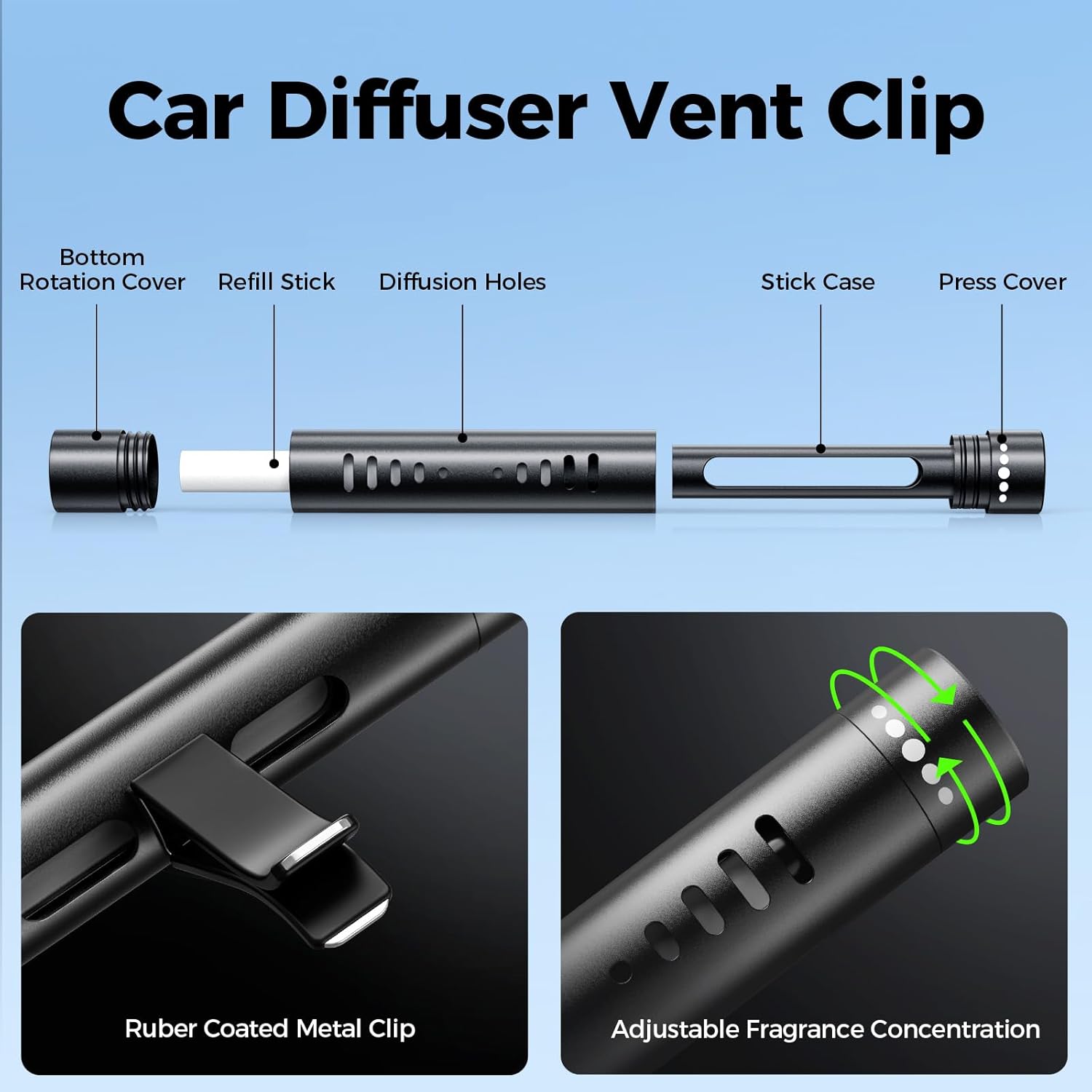 2pcs Car Air Freshener Diffuser Vent Clips，With 12 Odorless Refill Sticks,Essential Oil Car Diffuser Suitablefor:Car,Bathroom,OfficeScenario,Cloakroom,Bedrooms,Present (Black)