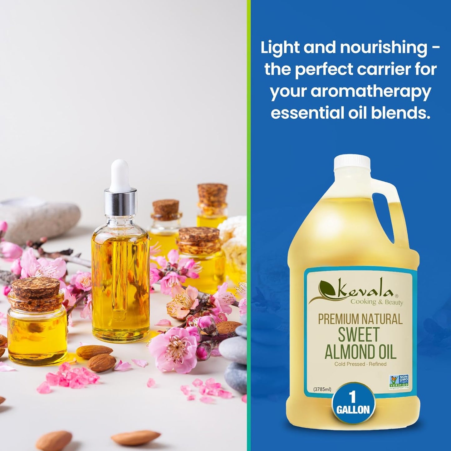 Kevala Sweet Almond Oil - Premium Natural Cooking Oil, Made with Carefully Selected Almonds, Nutritious Option with Light Flavor and Scent, Vegetable Salad Dressing Base, Enjoyed as a Hair Oil, 1 gal