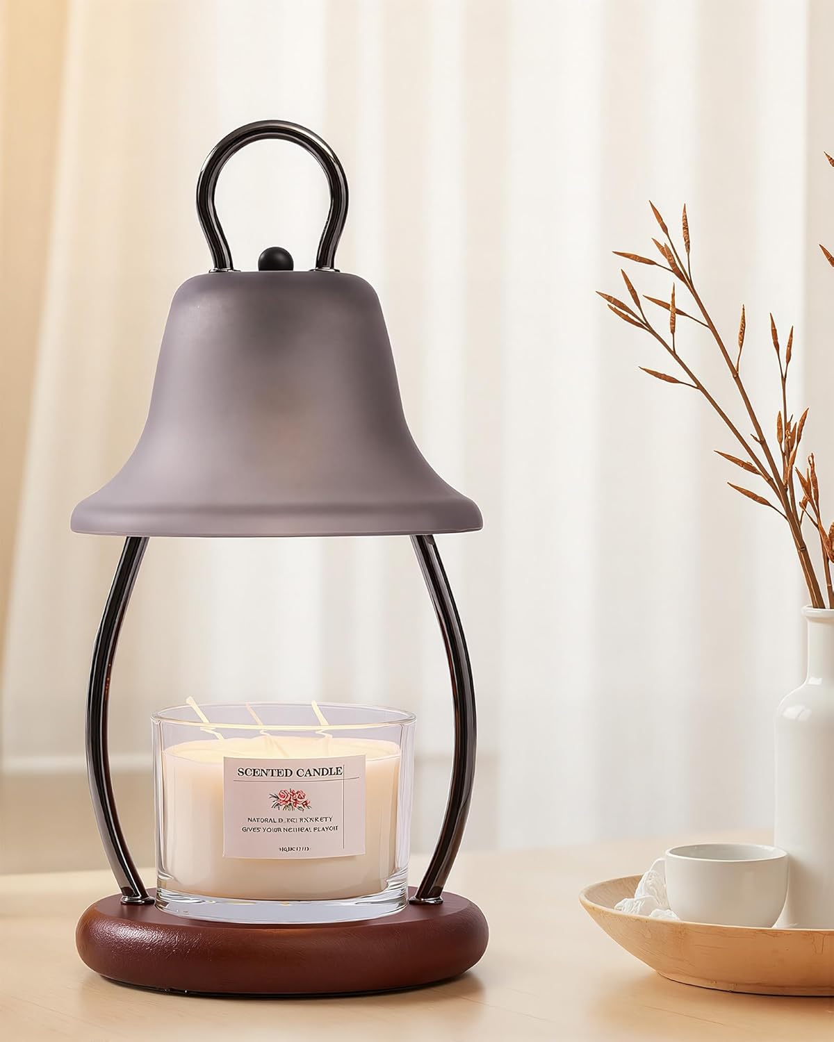 Candle Warmer Lamp with Timer - Adjustable Brightness & Glass Shade - Wooden Base with 2 Bulbs Included (Black)