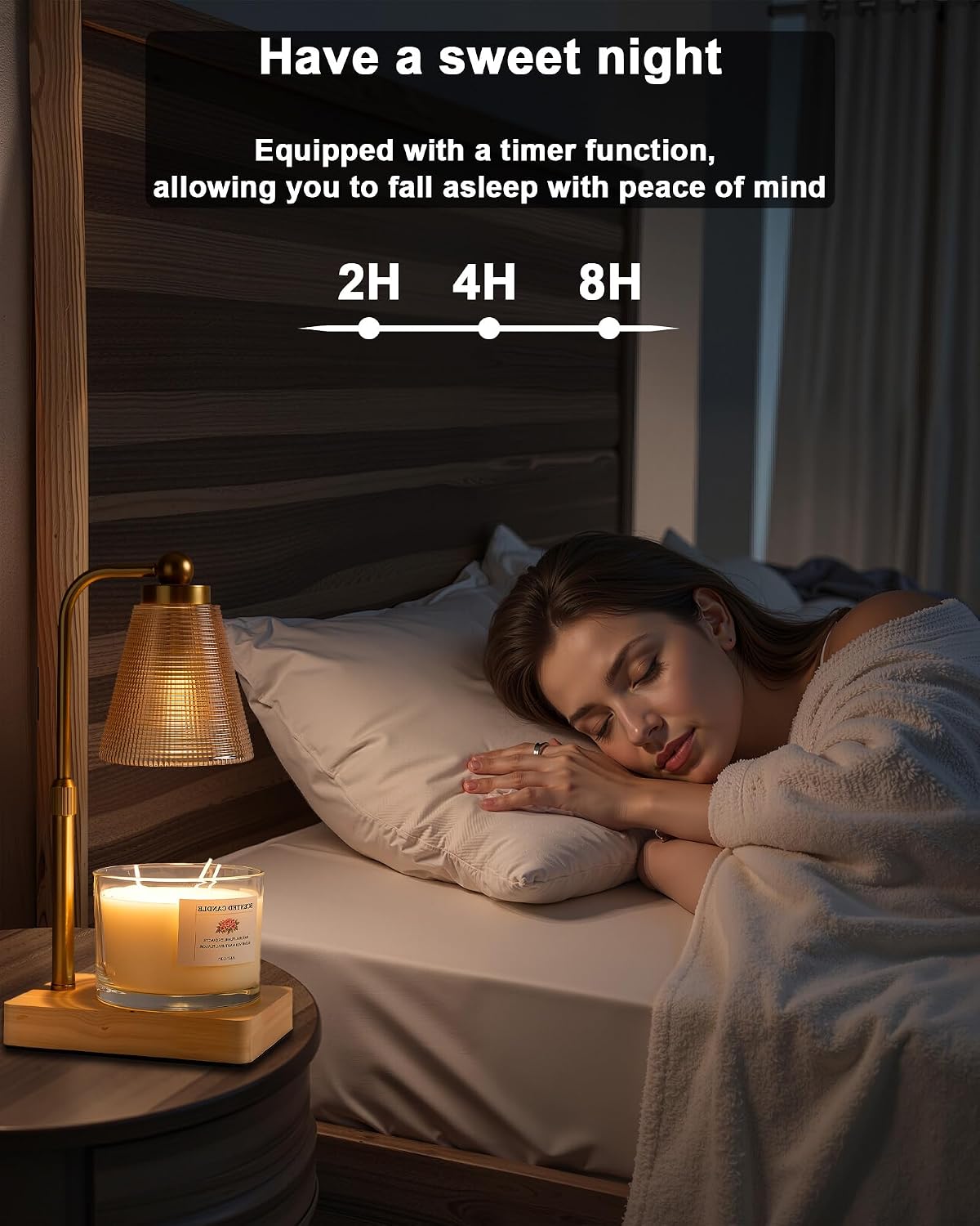 Candle Warmer Lamp with Timer - Adjustable Height & Brightness - Wood Base Glass Shade - 2 Bulbs Included(Square Gold)