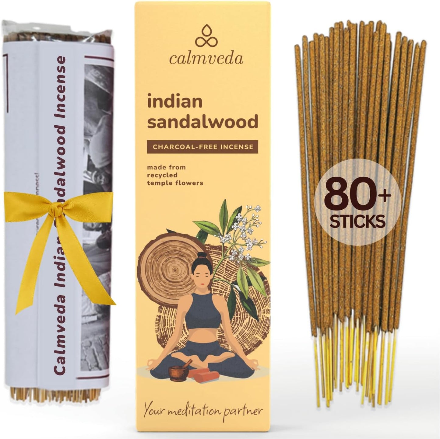Indian Sandalwood Incense Sticks - 80 Sticks, Charcoal Free, Upcycled Flowers, All Natural, Non Toxic, Meditation & Stress Relief