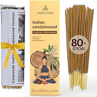 Indian Sandalwood Incense Sticks - 80 Sticks, Charcoal Free, Upcycled Flowers, All Natural, Non Toxic, Meditation & Stress Relief