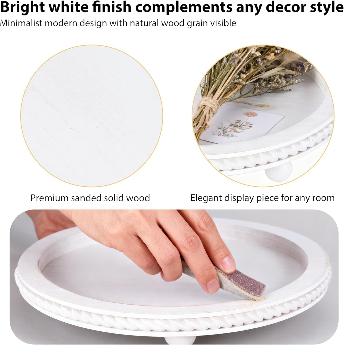 Urban Deco Decorative Trays for Home Decor, Round Wooden Trays for Coffee Table, White Stripes Tray for Living Room, Kitchen, Farmhouse Centerpiece Decor (1-Pk)