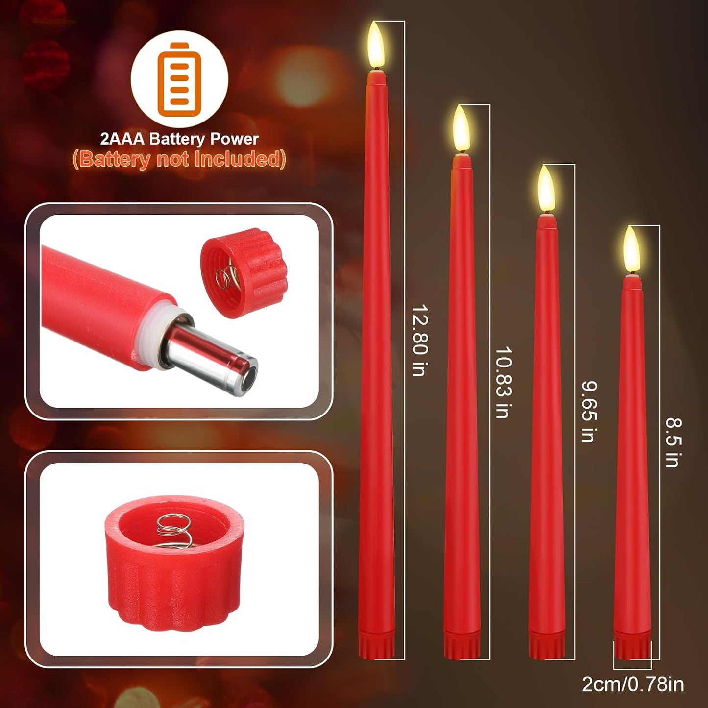 Rossesay 24 Pcs Flameless LED Taper Candles Battery Operated Candle 8.5", 9.65", 10.8", 12.8" Flameless Candlesticks Flickering for Christmas Church Wedding Indoor Decoration(Classic, Red)