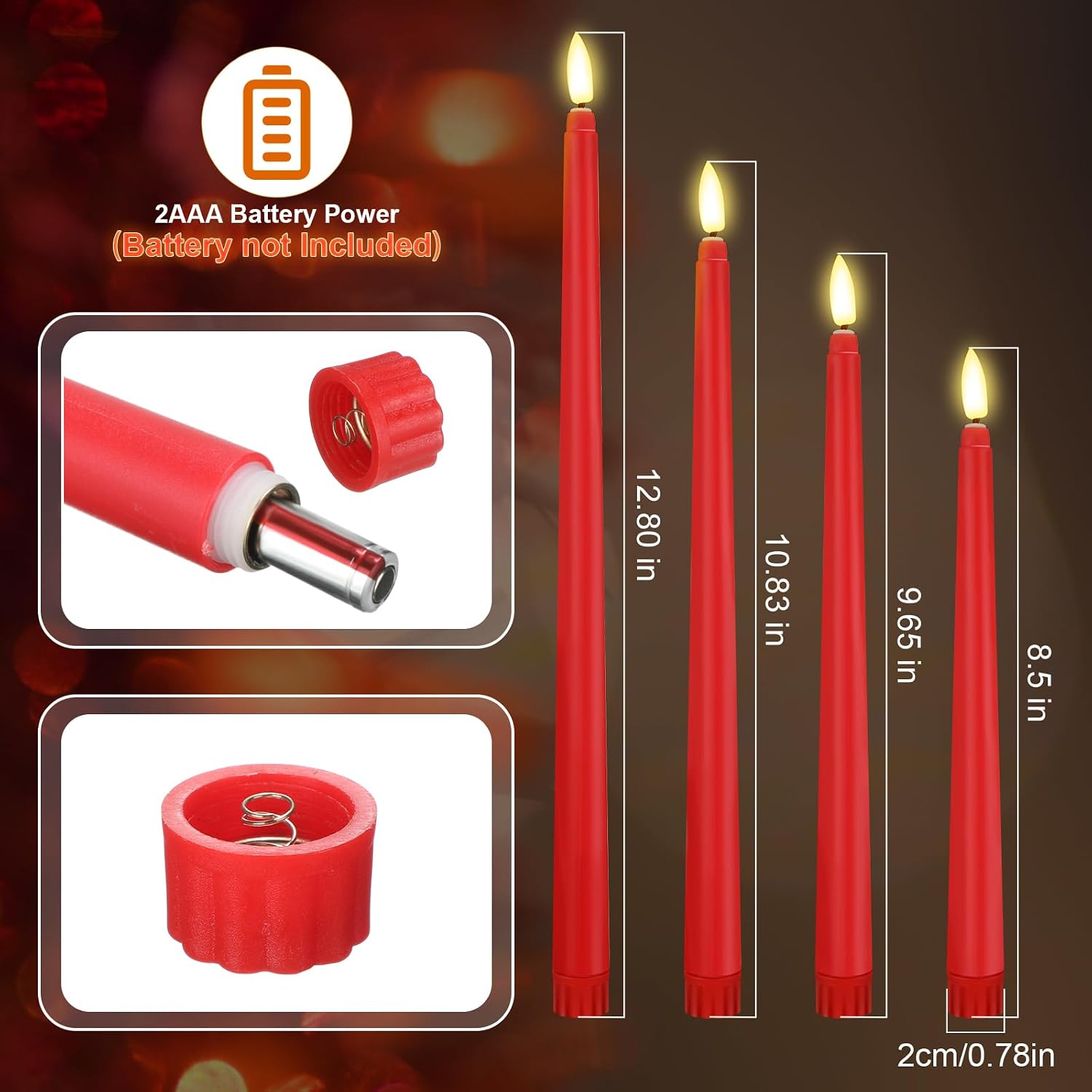 Rossesay 24 Pcs Flameless LED Taper Candles Battery Operated Candle 8.5", 9.65", 10.8", 12.8" Flameless Candlesticks Flickering for Christmas Church Wedding Indoor Decoration(Classic, Red)