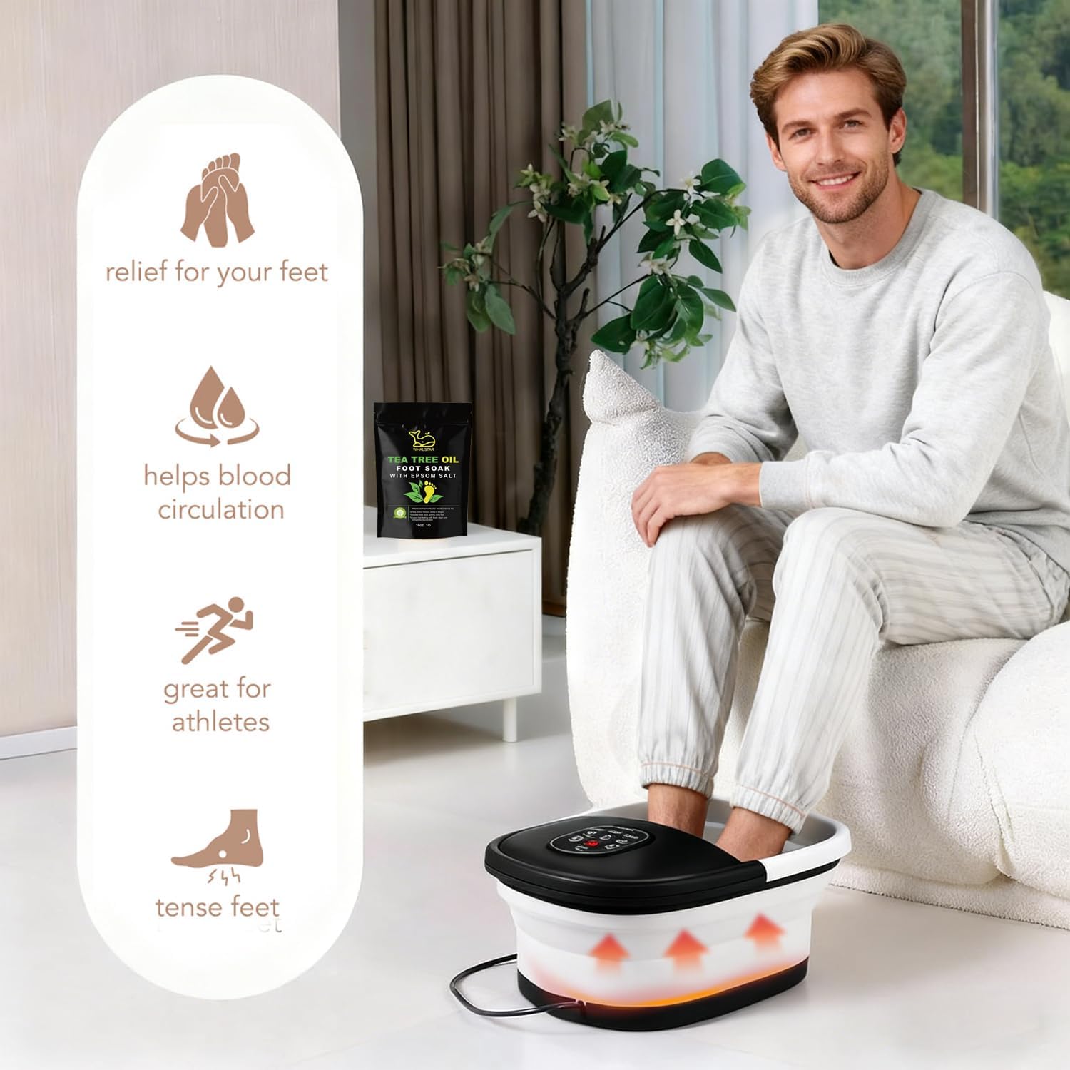 Collapsible Foot Spa Bath Massager with Heat Bubbles and Vibration Massage and Jets, 16oz Tea Tree Oil Foot Soak with Epsom Salt, Foot Bath Basin with Red Light & Remote - Black