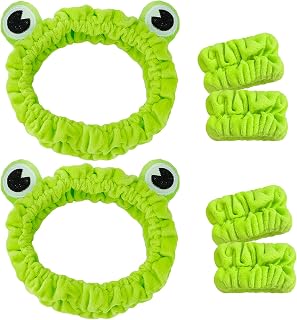 Skincare Headband Frog - 6pcs Set: 2 Green Frog Headbands for Skincare & 4 Wristbands for Washing Face - Non-Slip, Adjustable, Soft Microfiber, Warm Gift for Women, Girls
