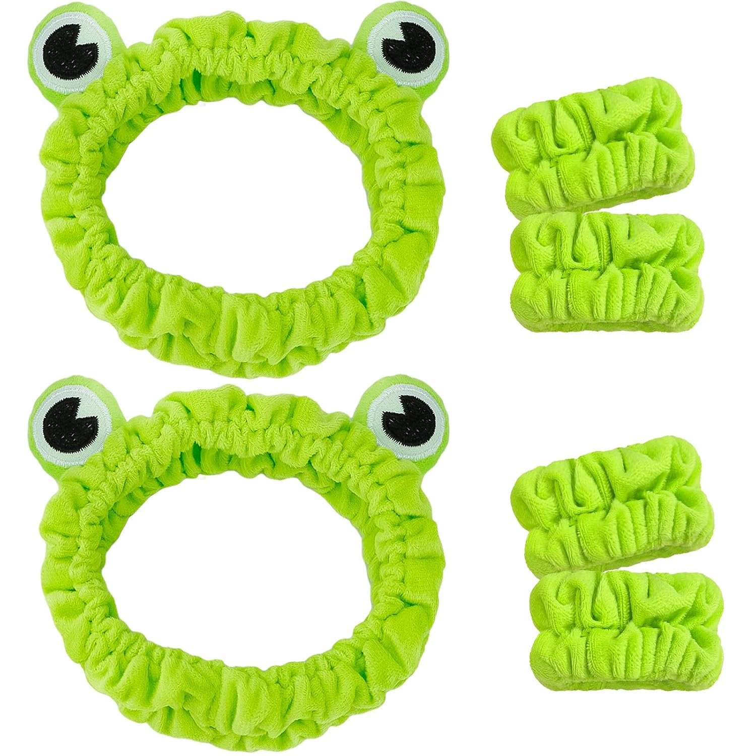Skincare Headband Frog - 6pcs Set: 2 Green Frog Headbands for Skincare & 4 Wristbands for Washing Face - Non-Slip, Adjustable, Soft Microfiber, Warm Gift for Women, Girls