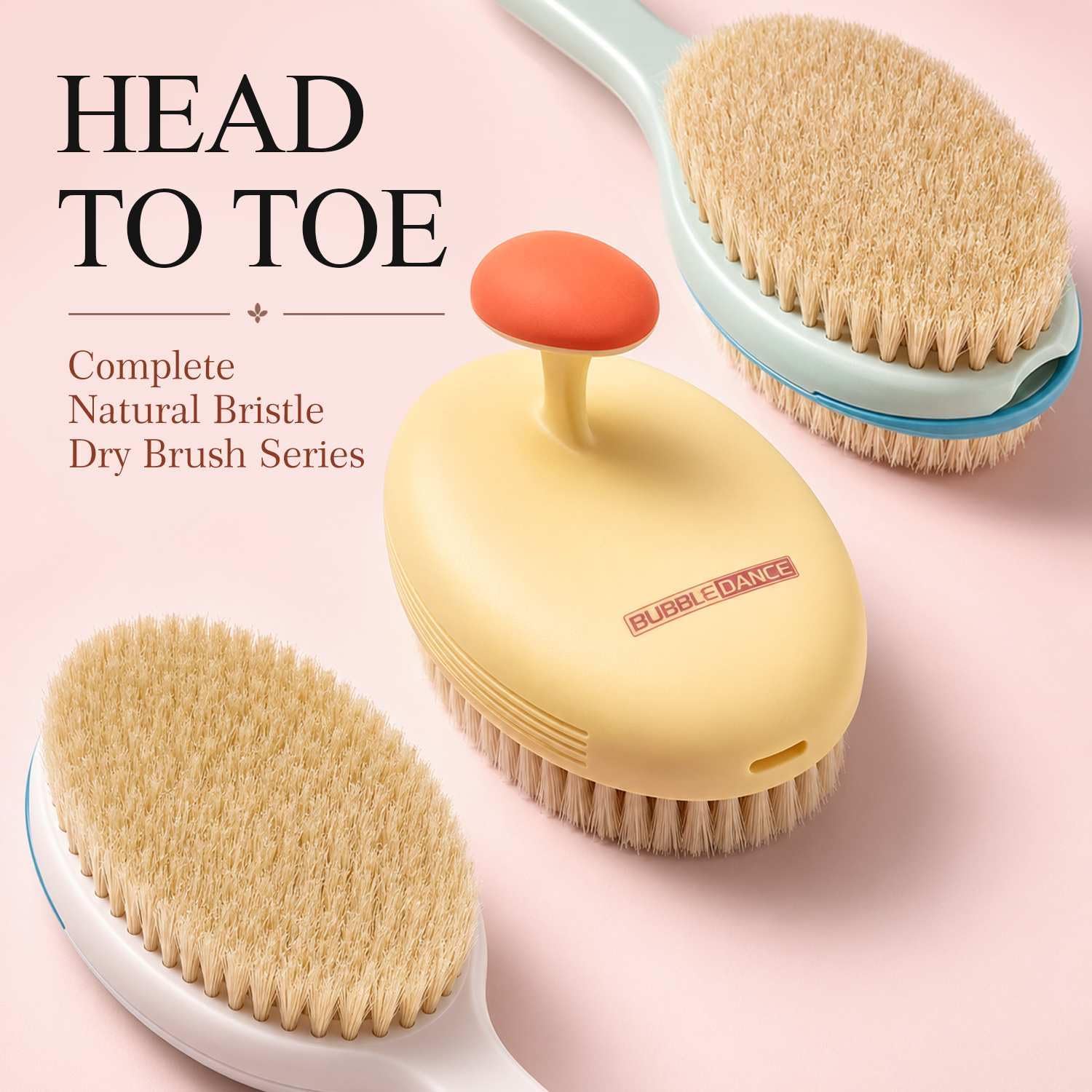 BUBBLEDANCE® Pebble Base Dry Brush - Large Dense Boar Bristles, Rust-Proof | Pebble base & football grip. Copper nails. Fast-Drying. Dry & wet use. Large dense brush for exfoliation & smooth skin